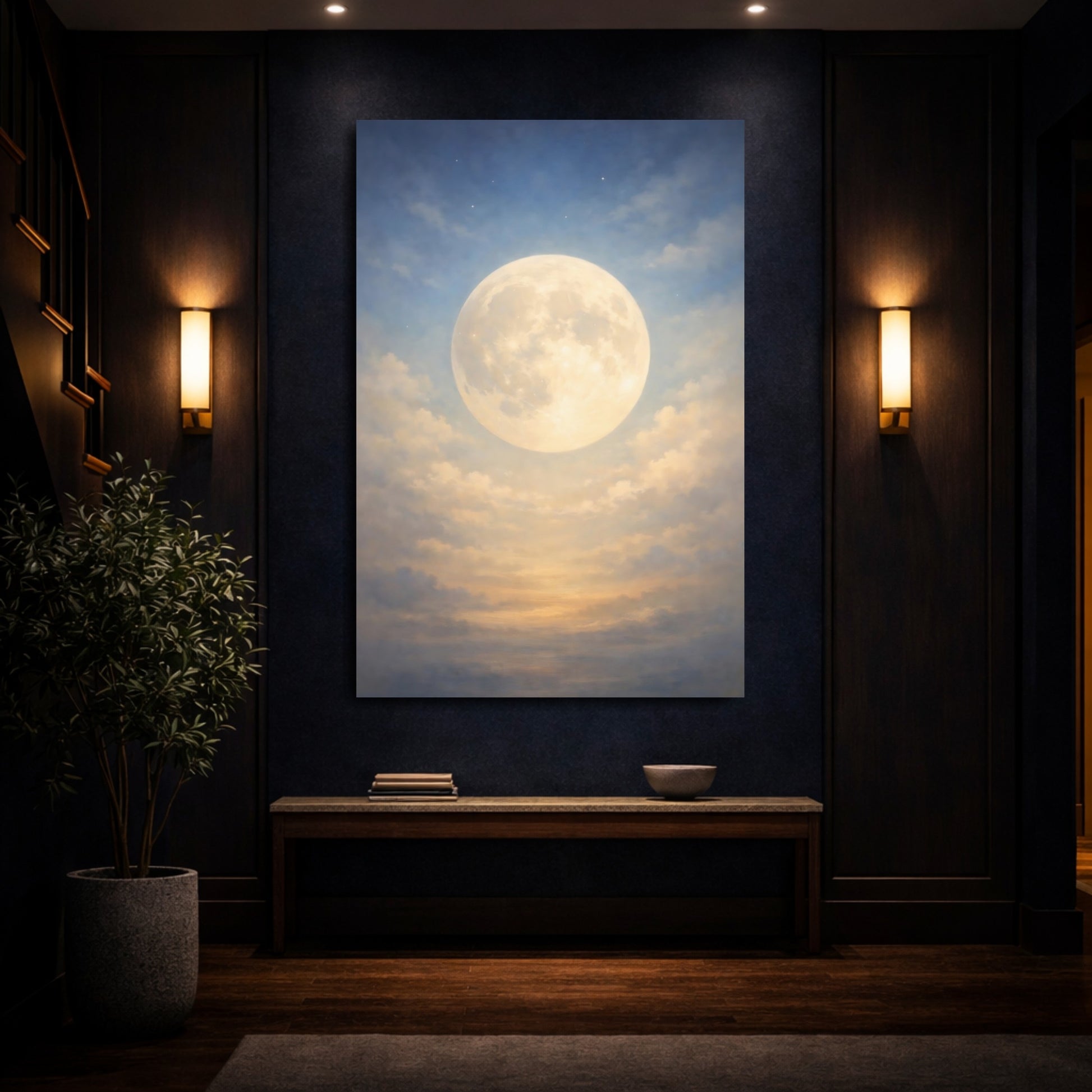 Mockup 3. Nature Full Moon Blue And Gold Moon shown as stretched canvas wall art