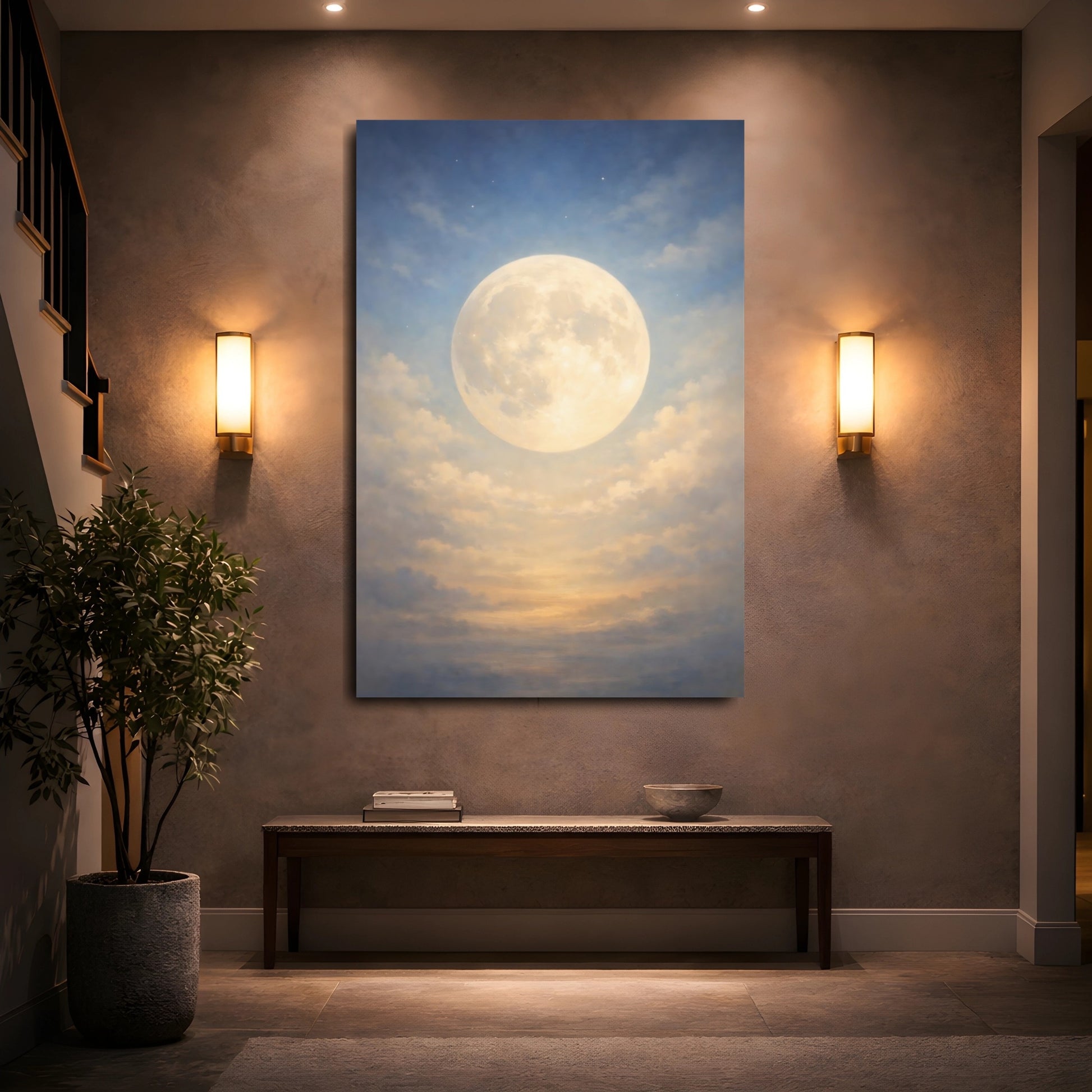 Mockup 4. Nature Full Moon Blue And Gold Moon shown as stretched canvas wall art