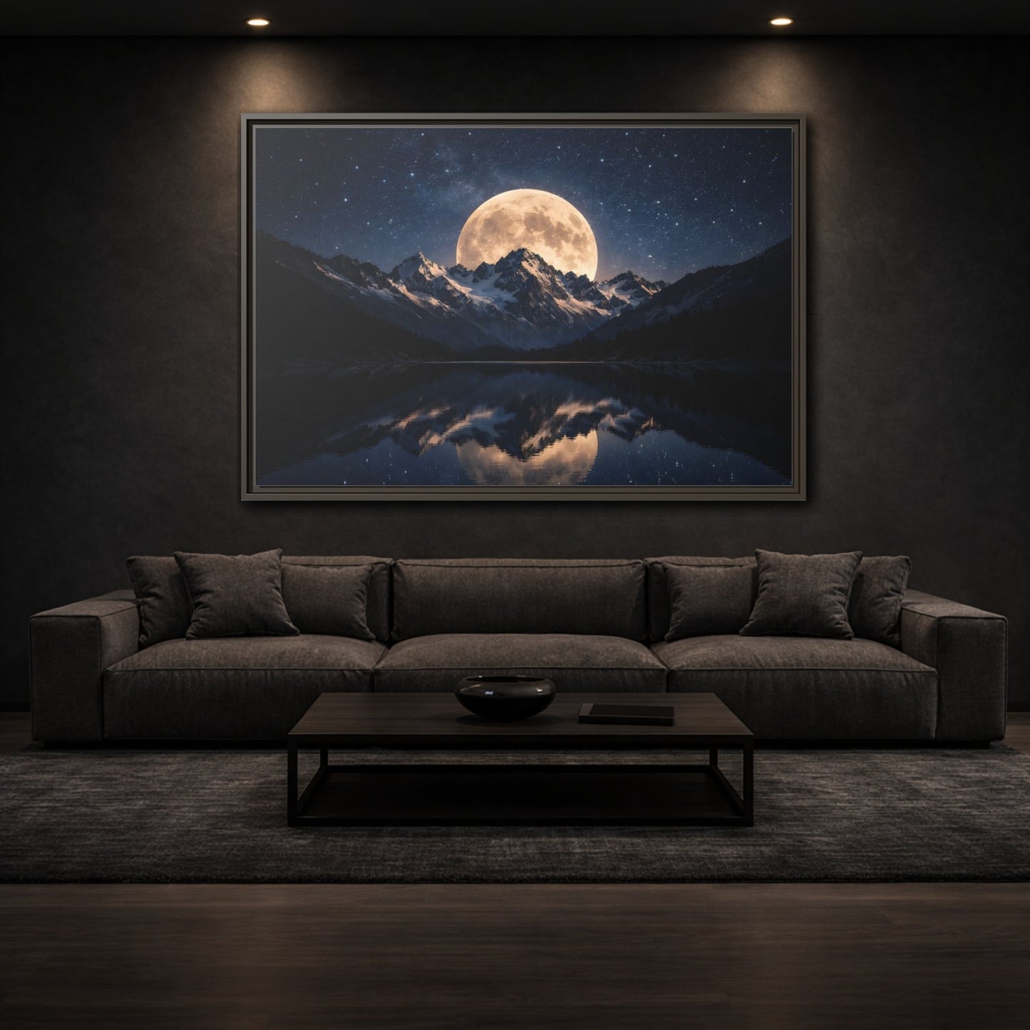 Mockup 2. Nature Full Moon Blue And Gold shown as stretched canvas wall art
