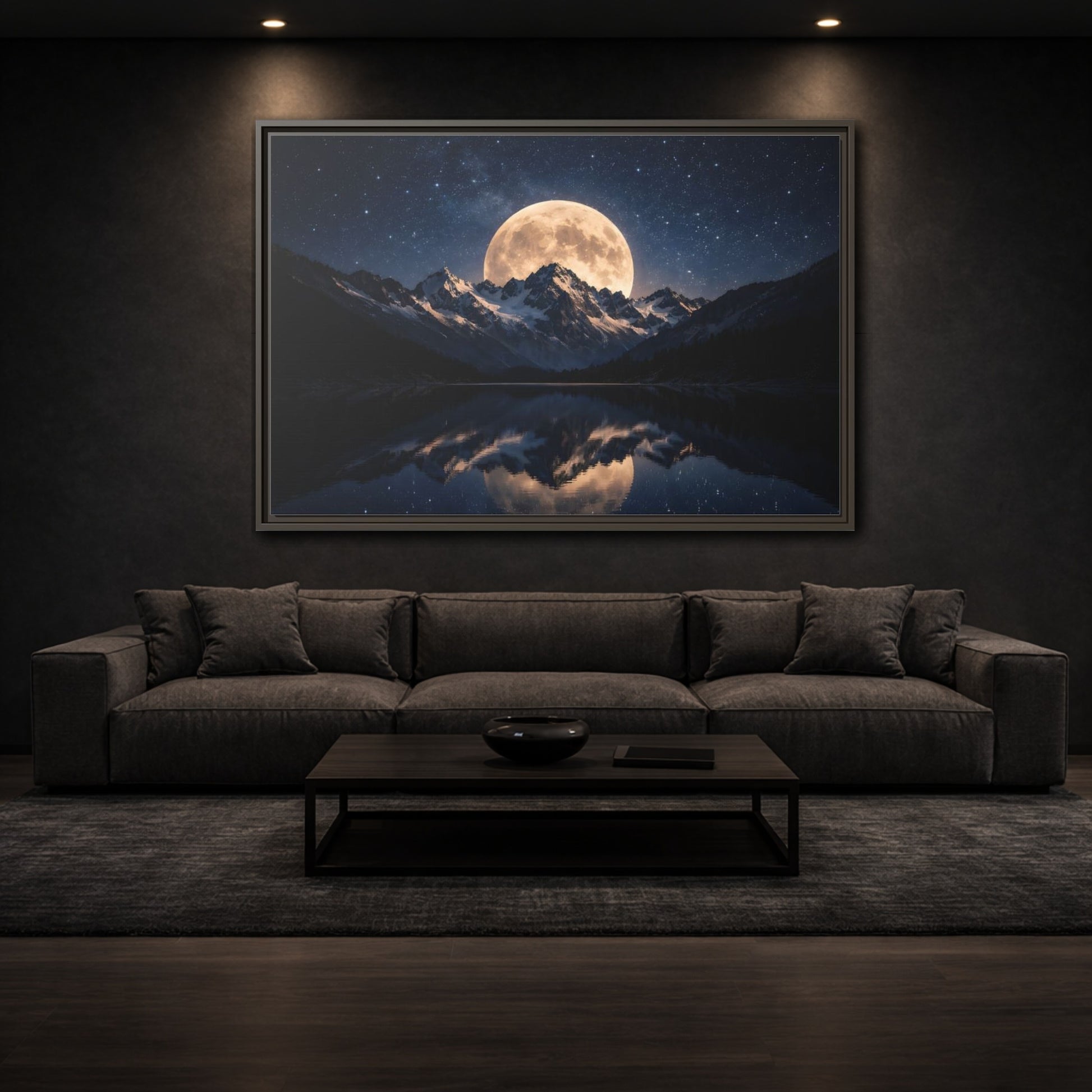 Mockup 2. Nature Full Moon Blue And Gold shown as stretched canvas wall art