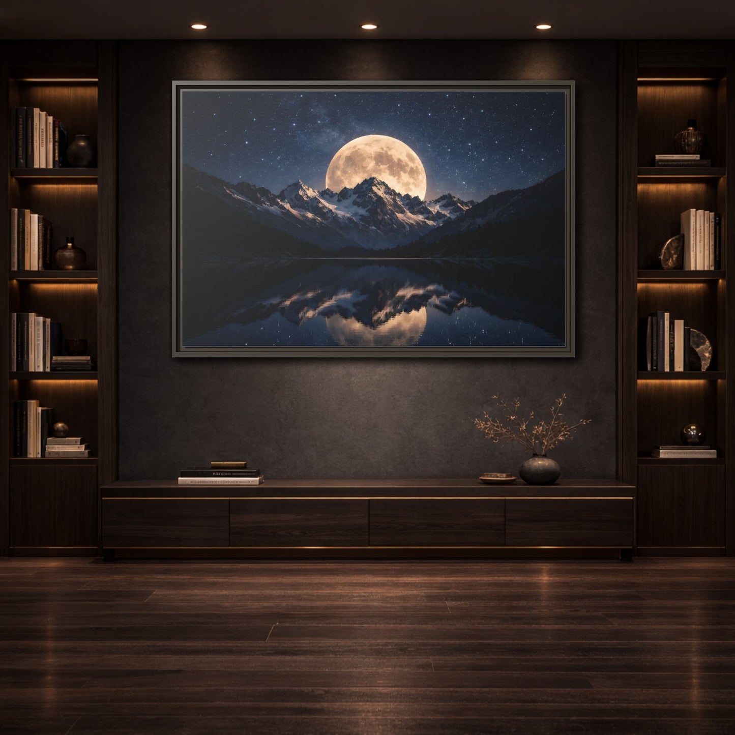 Mockup 3. Nature Full Moon Blue And Gold shown as stretched canvas wall art