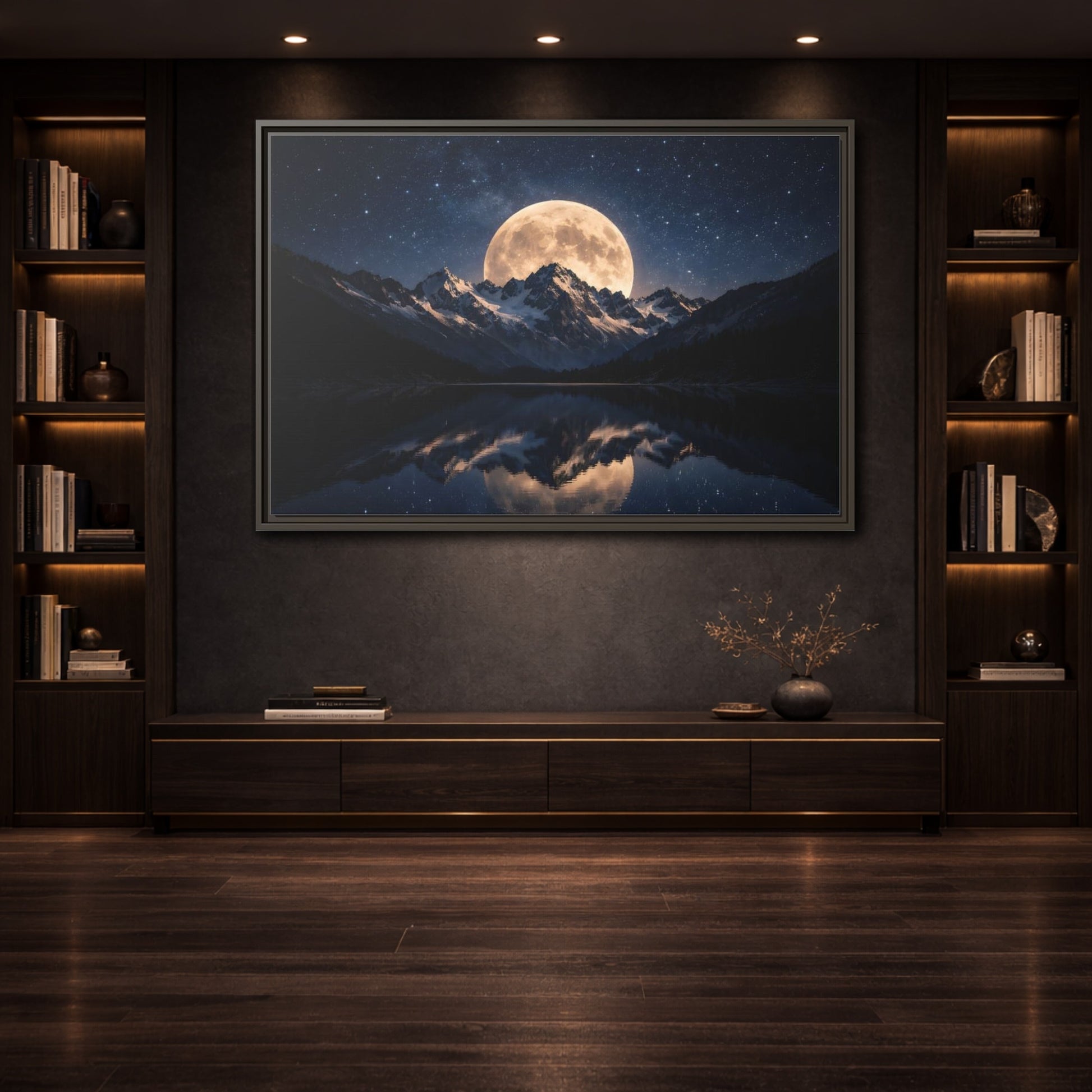 Mockup 3. Nature Full Moon Blue And Gold shown as stretched canvas wall art