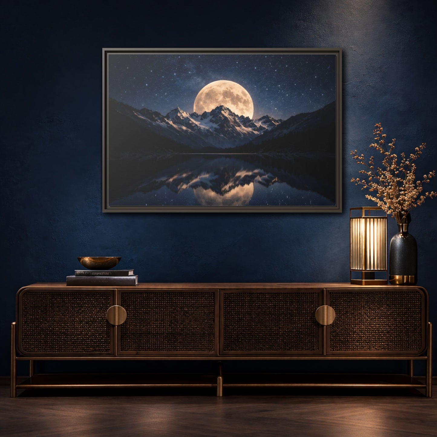 Mockup 4. Nature Full Moon Blue And Gold shown as stretched canvas wall art