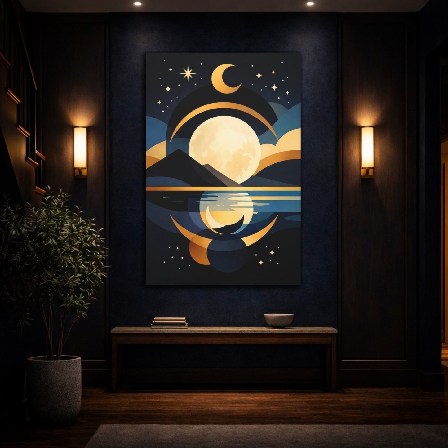 Nature Full Moon Blue Gold Moonscape - Canvas Wall Art Print - YesArtYes