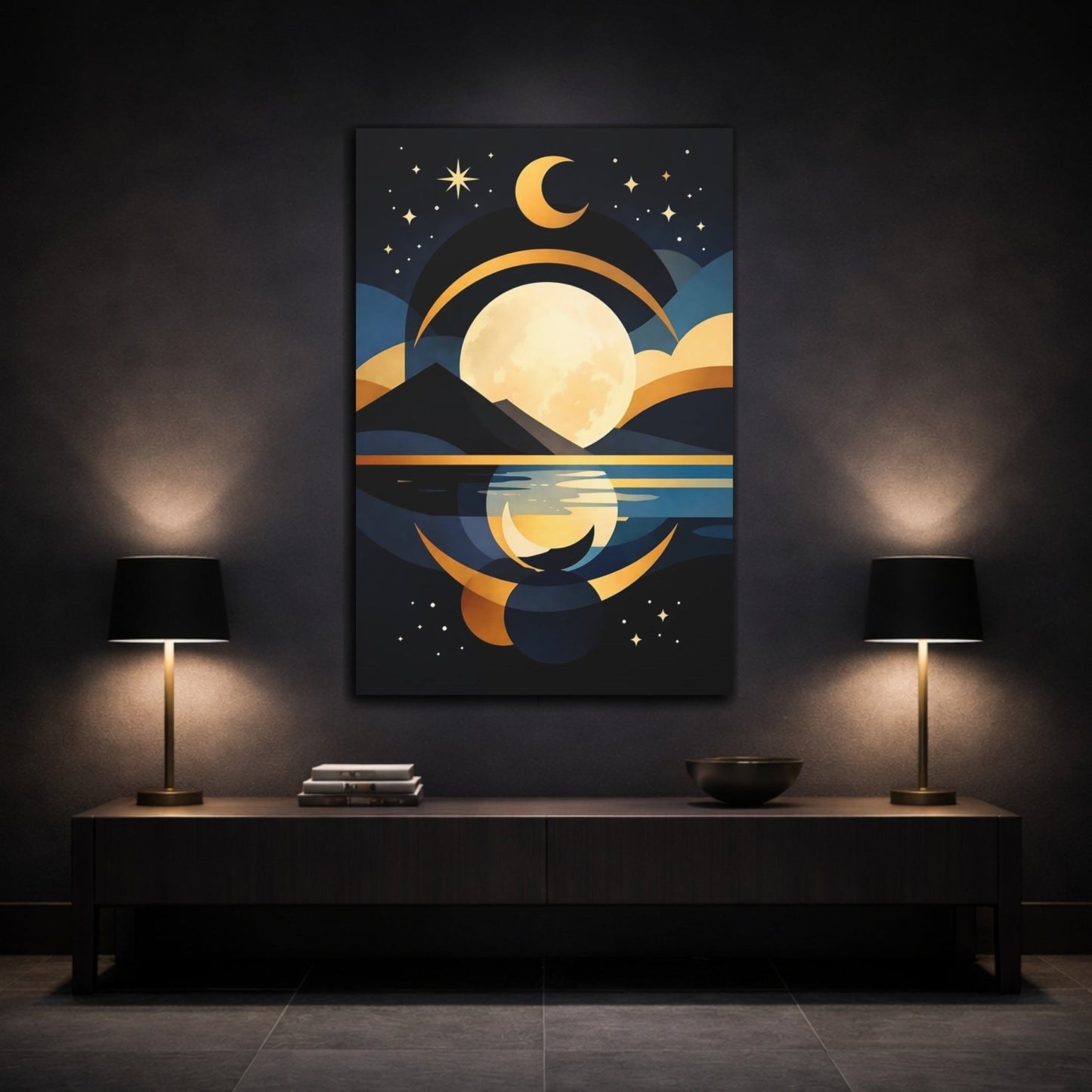 Nature Full Moon Blue Gold Moonscape - Canvas Wall Art Print - YesArtYes