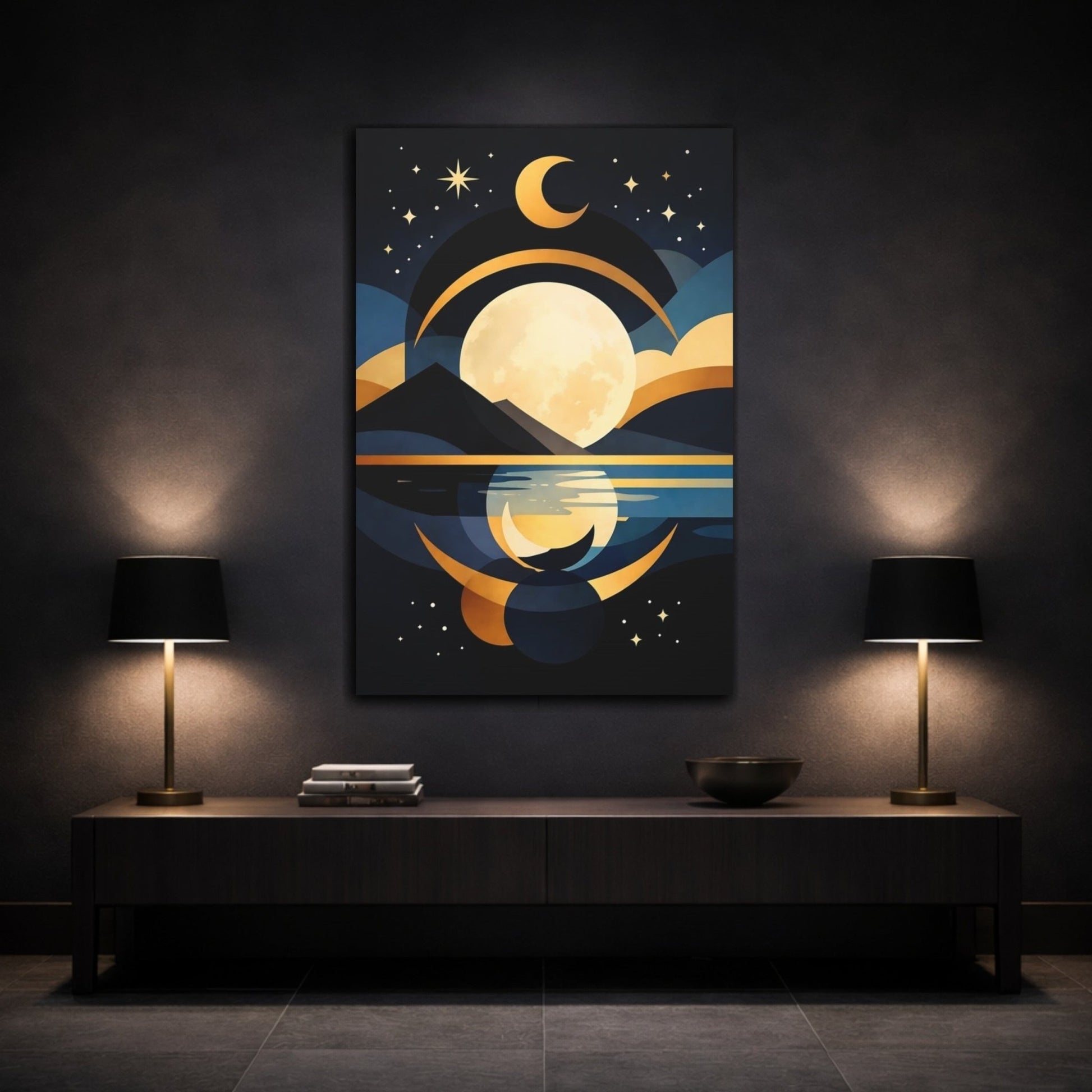 Nature Full Moon Blue Gold Moonscape - Canvas Wall Art Print - YesArtYes