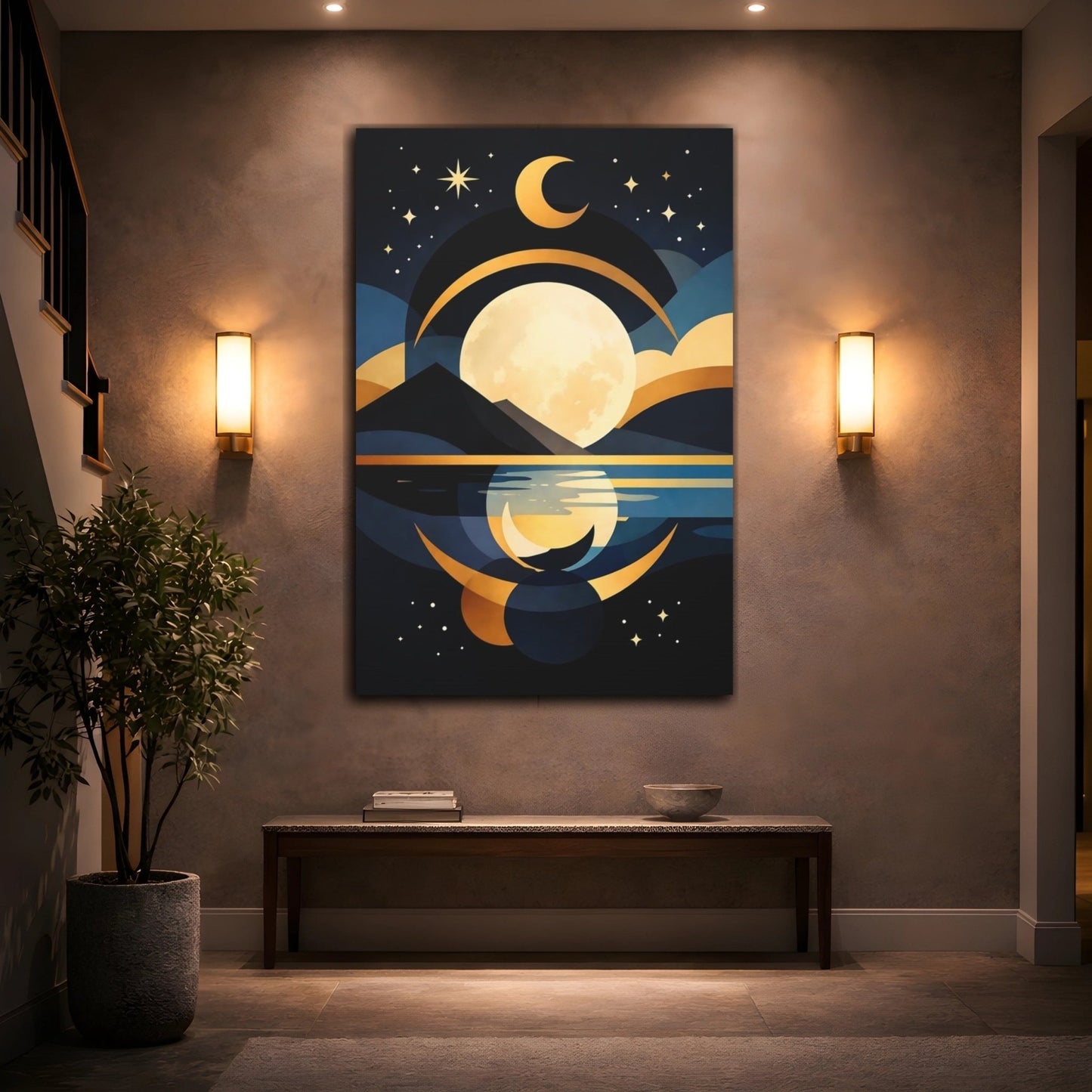 Nature Full Moon Blue Gold Moonscape - Canvas Wall Art Print - YesArtYes