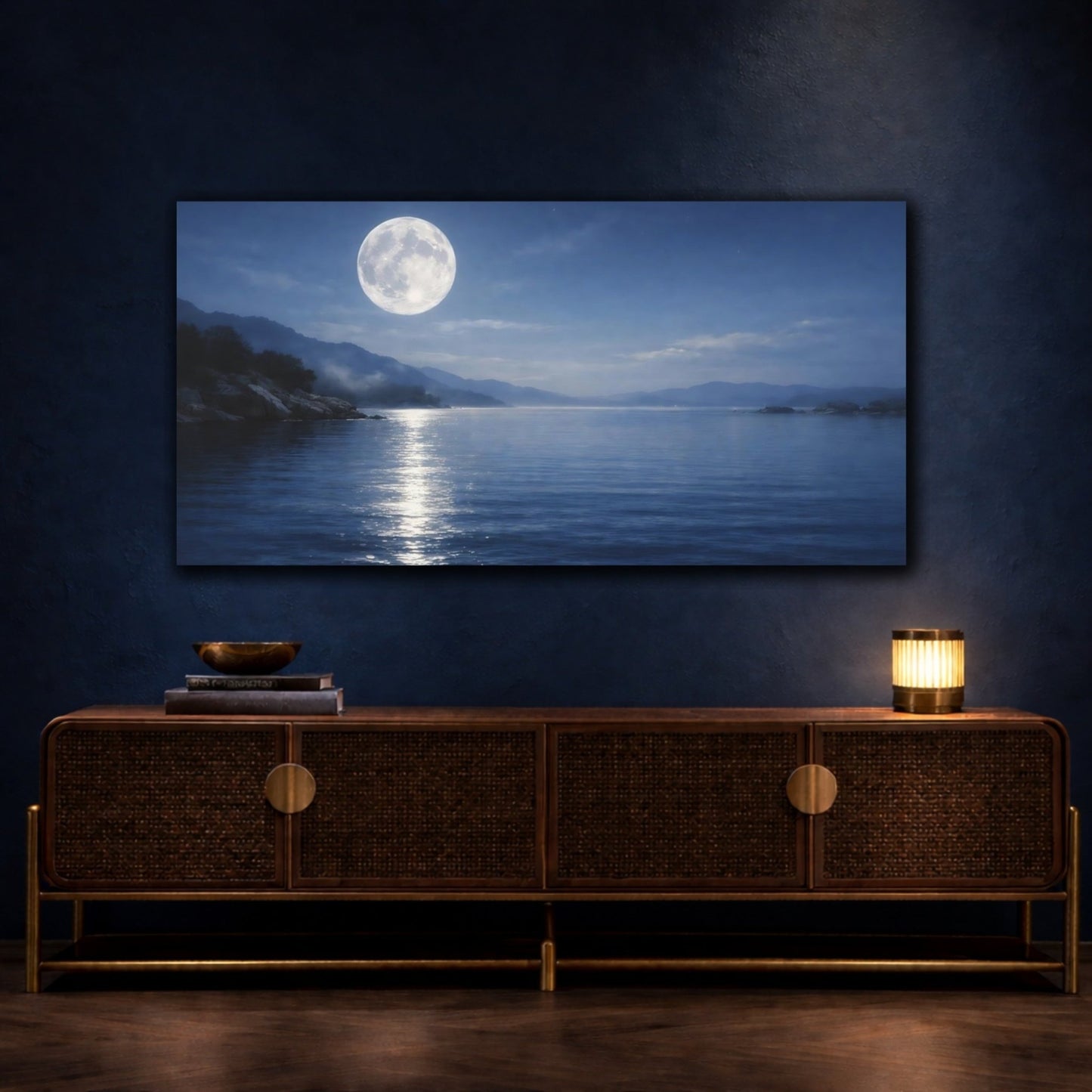 Nature Full Moon Blue Moonlit Landscape - Canvas Wall Art Print - YesArtYes