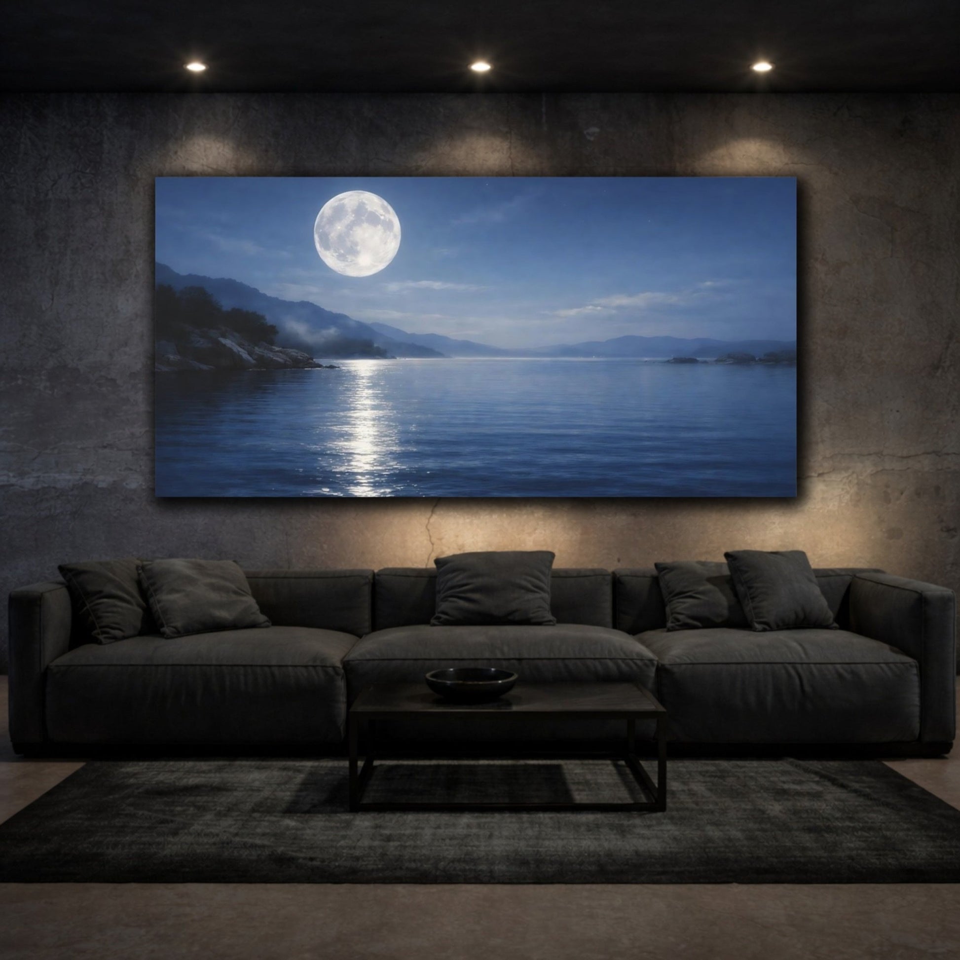 Nature Full Moon Blue Moonlit Landscape - Canvas Wall Art Print - YesArtYes