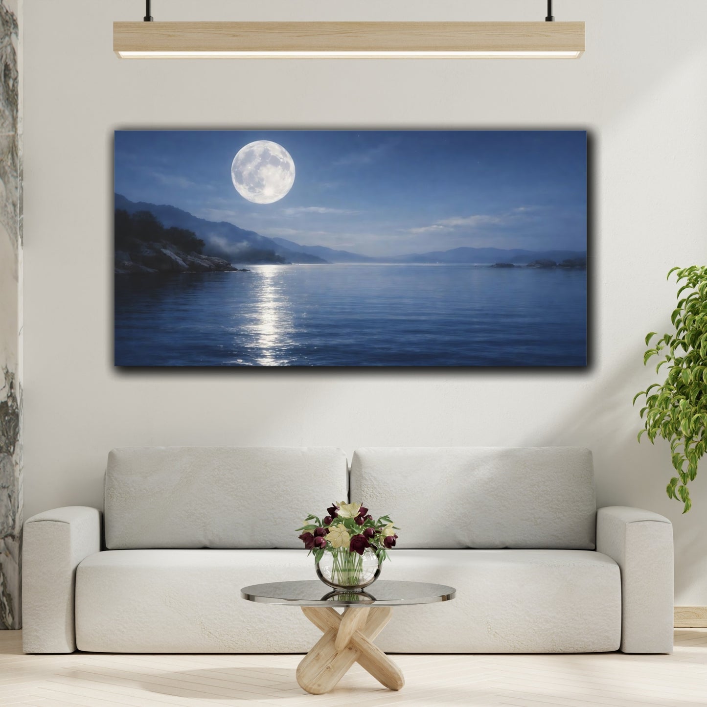 Mockup 3. Nature Full Moon Blue Moonlit Landscape shown as stretched canvas wall art