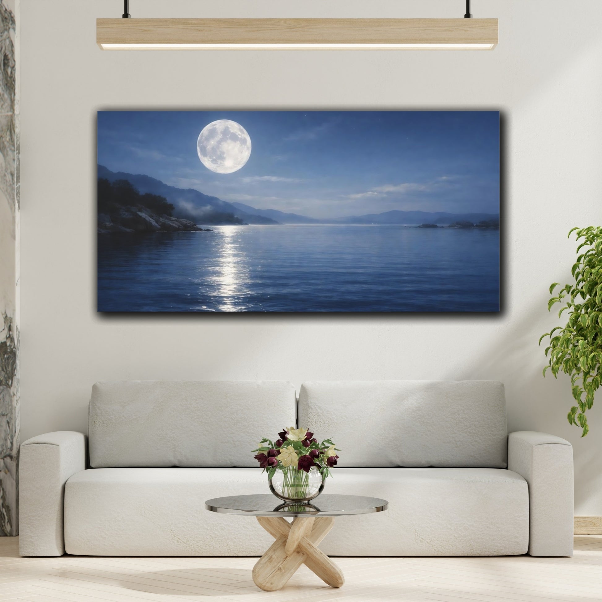 Mockup 3. Nature Full Moon Blue Moonlit Landscape shown as stretched canvas wall art