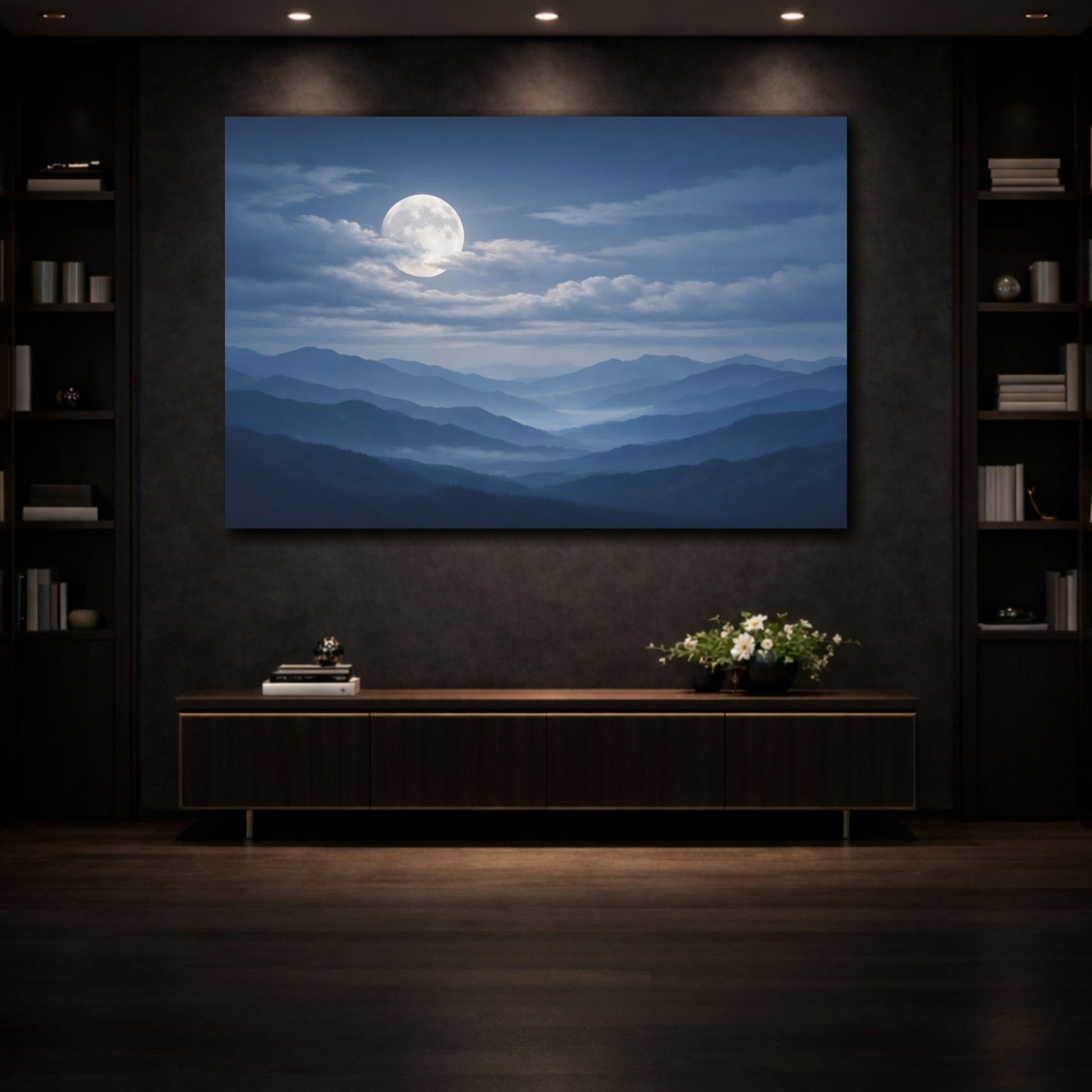 Nature Full Moon Blue Mountain - Canvas Wall Art Print - YesArtYes