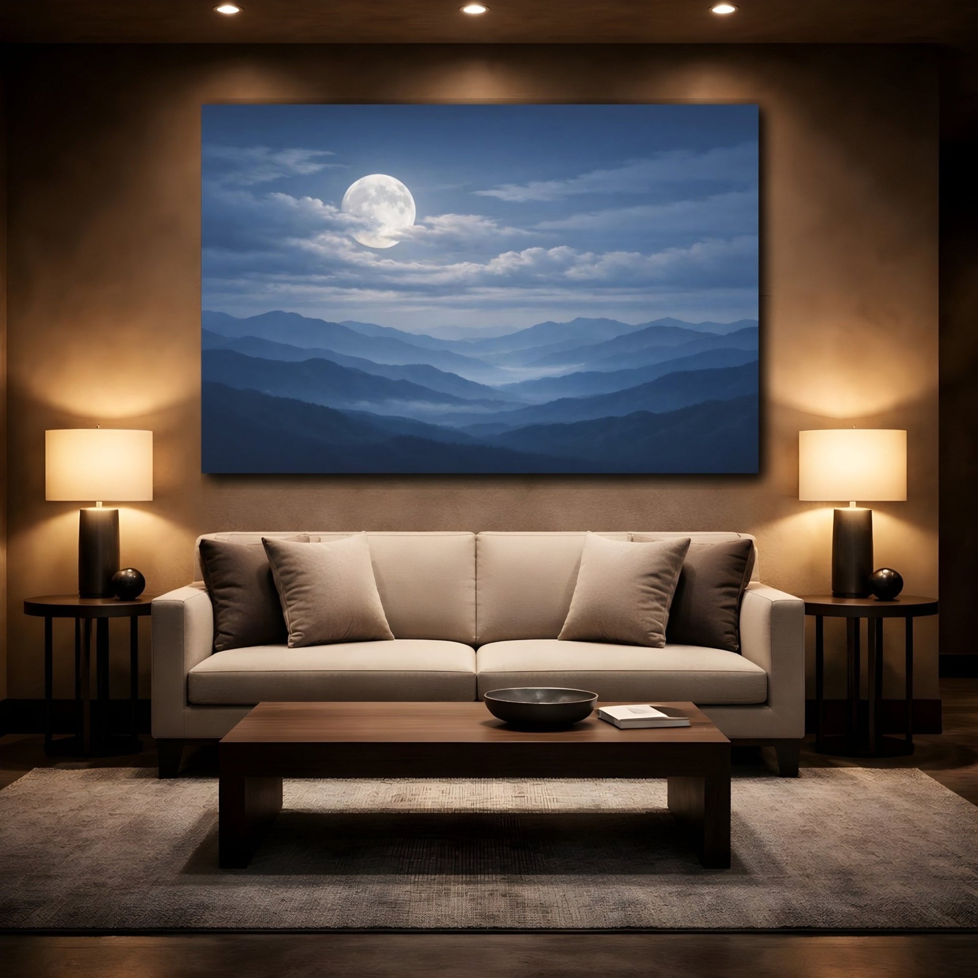 Nature Full Moon Blue Mountain - Canvas Wall Art Print - YesArtYes