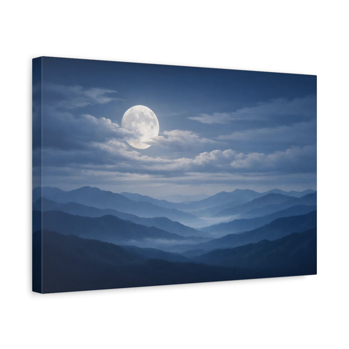 Side Mockup 4. Nature Full Moon Blue Mountain Moon shown as stretched canvas wall art