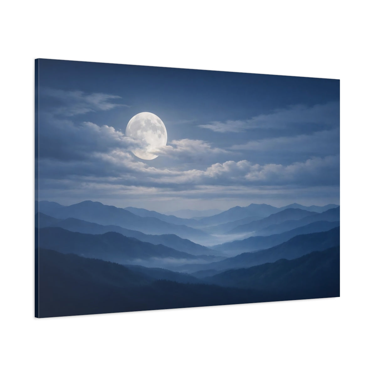 Side Mockup 1. Nature Full Moon Blue Mountain Moon shown as stretched canvas wall art