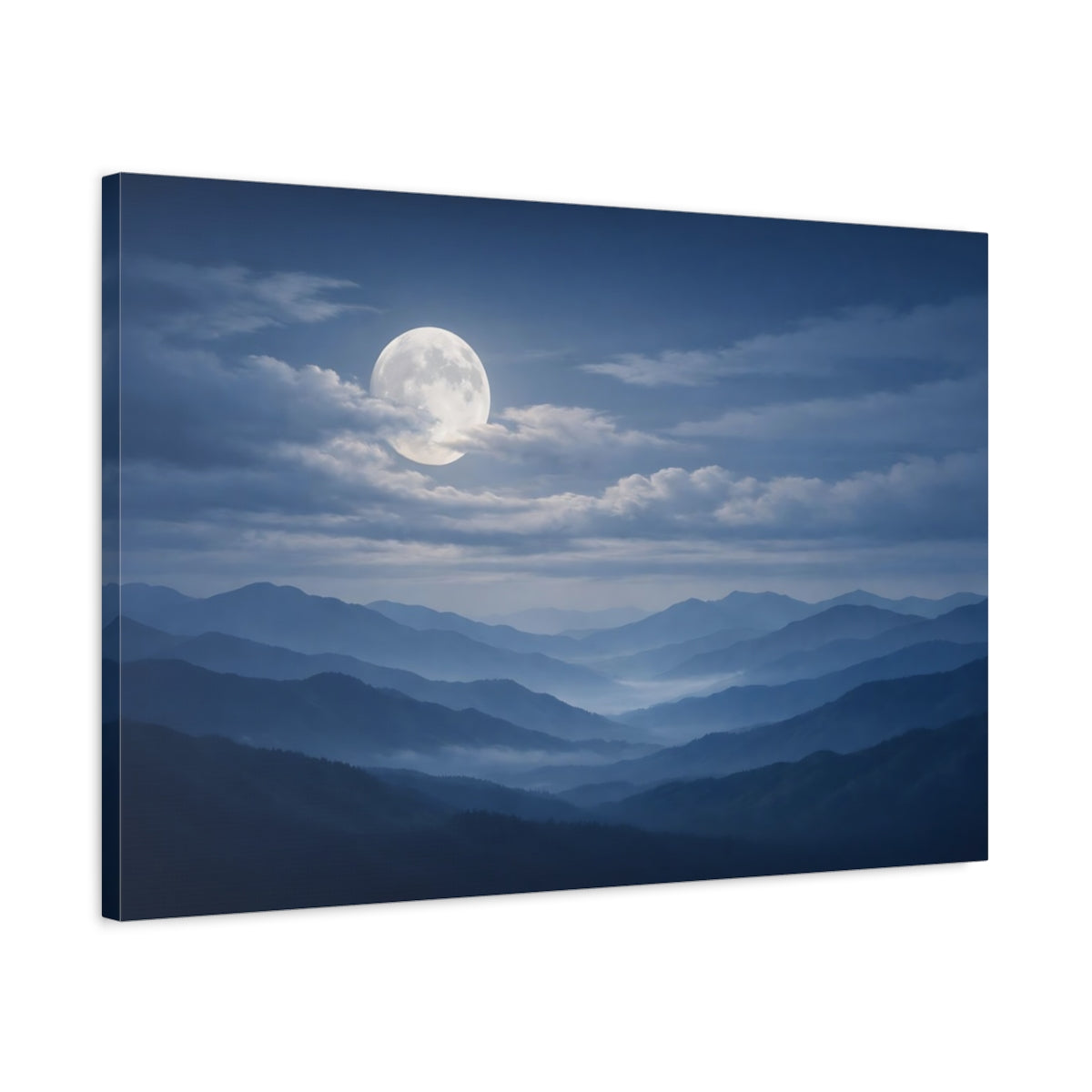 Side Mockup 2. Nature Full Moon Blue Mountain Moon shown as stretched canvas wall art