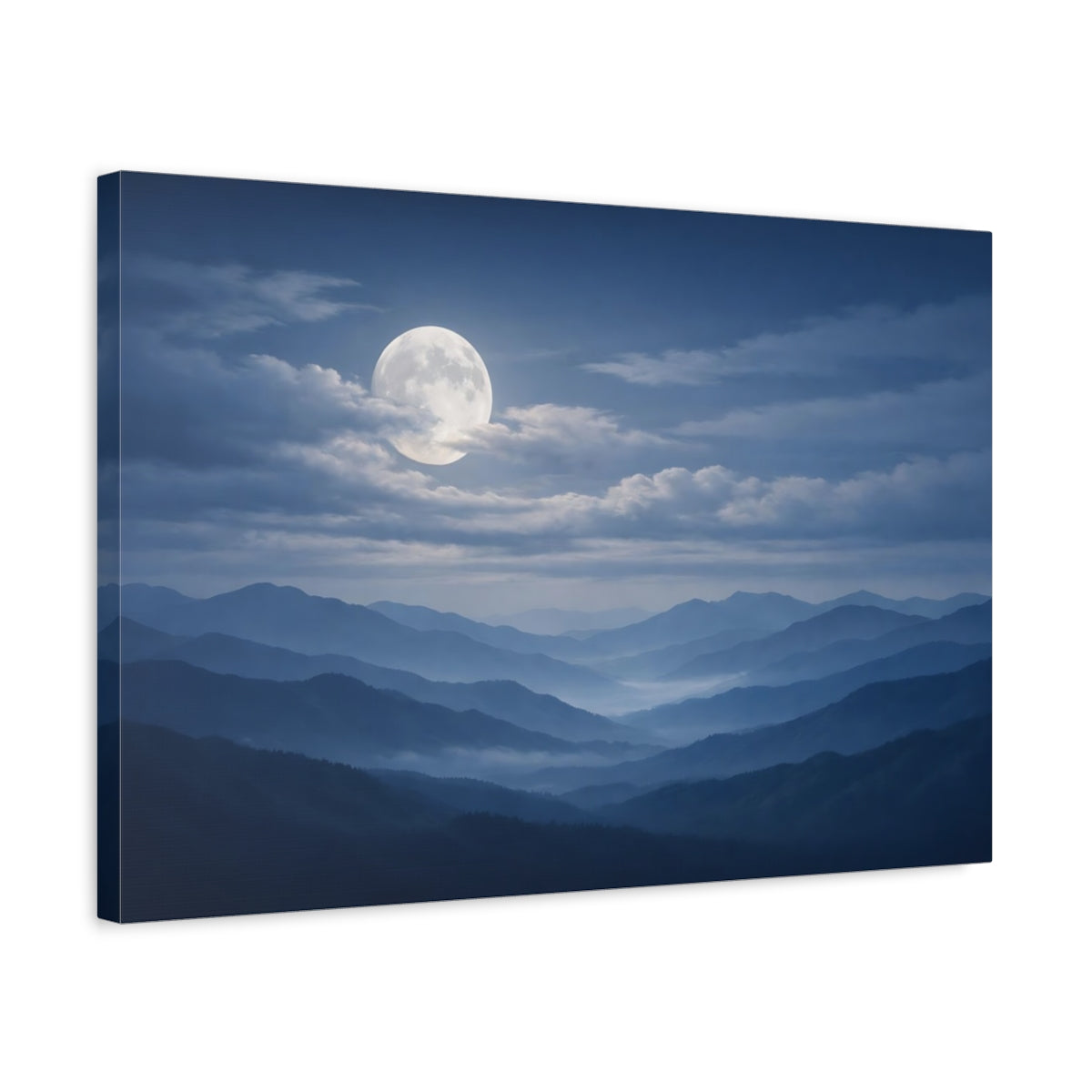Side Mockup 3. Nature Full Moon Blue Mountain Moon shown as stretched canvas wall art