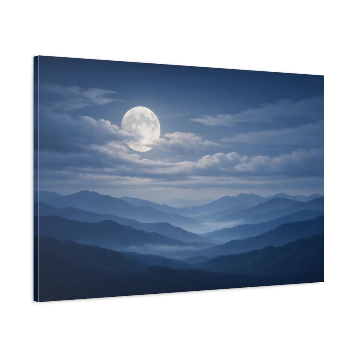 Main Mockup. Nature Full Moon Blue Mountain Moon shown as stretched canvas wall art