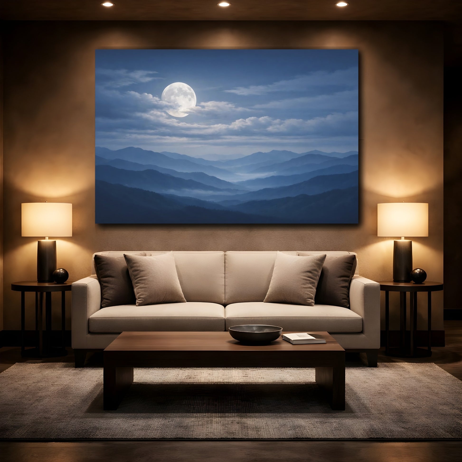 Mockup 2. Nature Full Moon Blue Mountain Moon shown as stretched canvas wall art