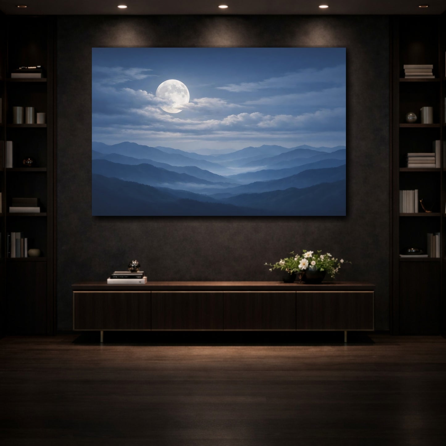 Mockup 3. Nature Full Moon Blue Mountain Moon shown as stretched canvas wall art
