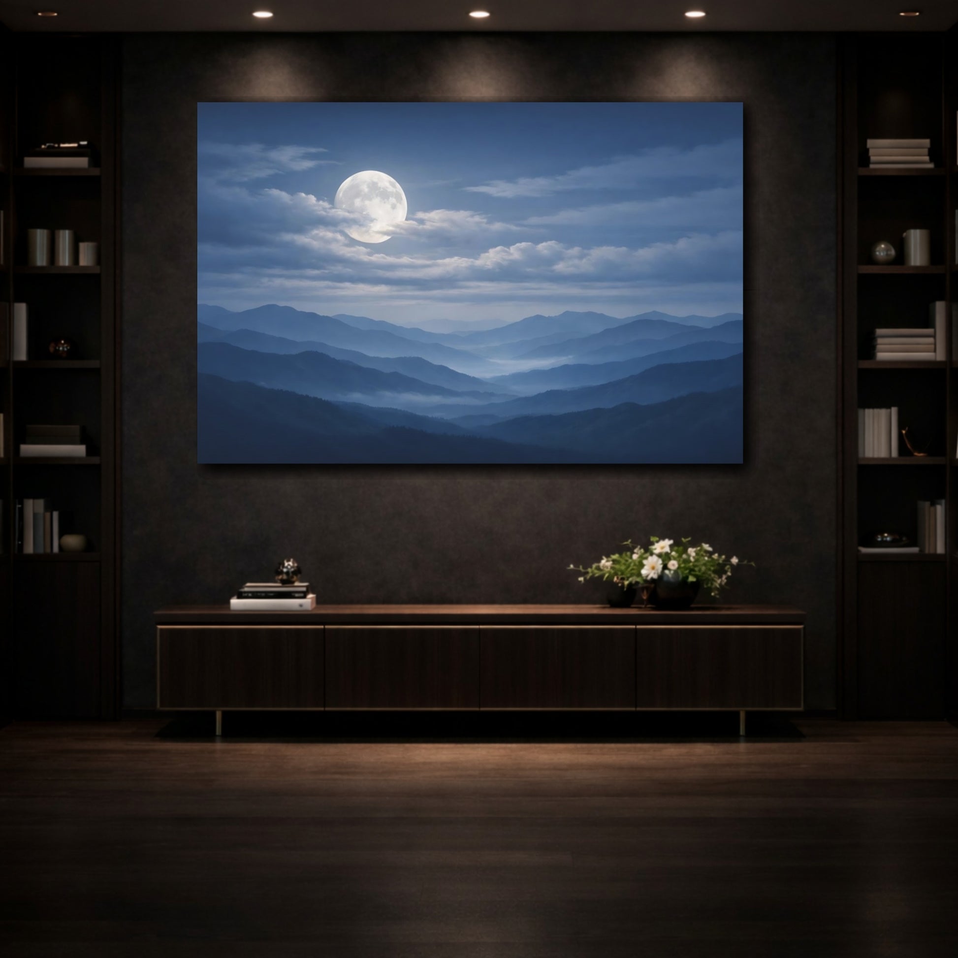 Mockup 3. Nature Full Moon Blue Mountain Moon shown as stretched canvas wall art