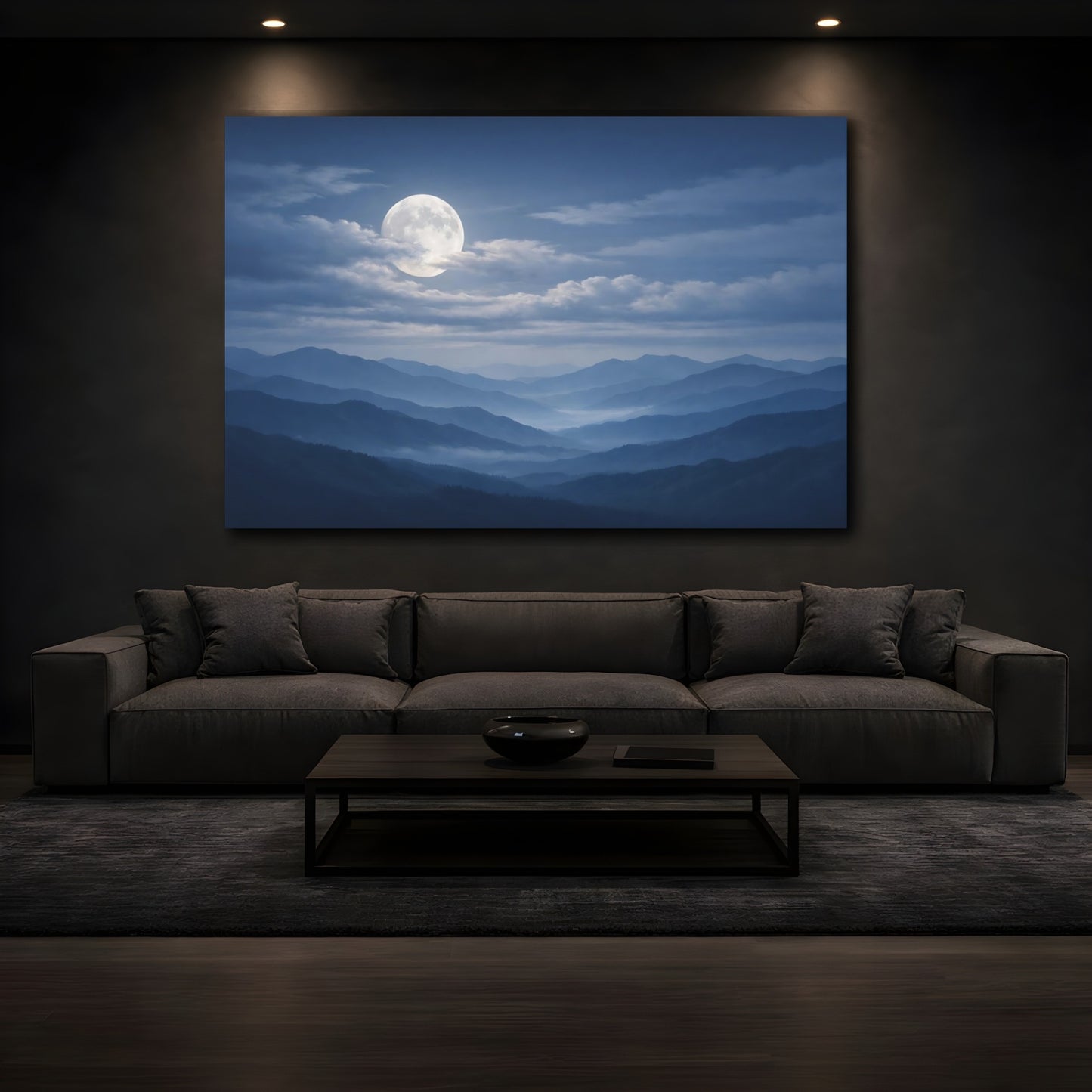 Mockup 4. Nature Full Moon Blue Mountain Moon shown as stretched canvas wall art