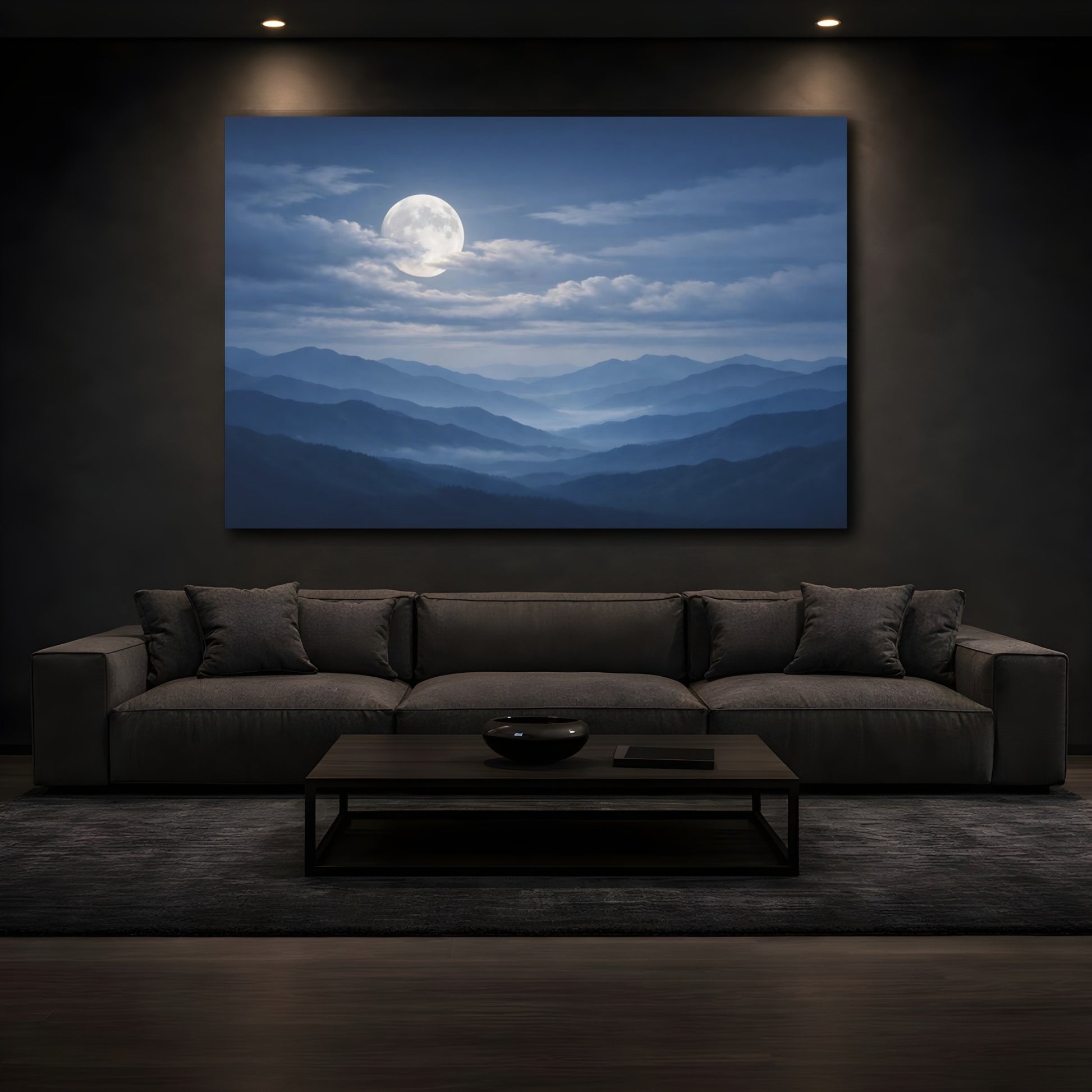 Mockup 4. Nature Full Moon Blue Mountain Moon shown as stretched canvas wall art