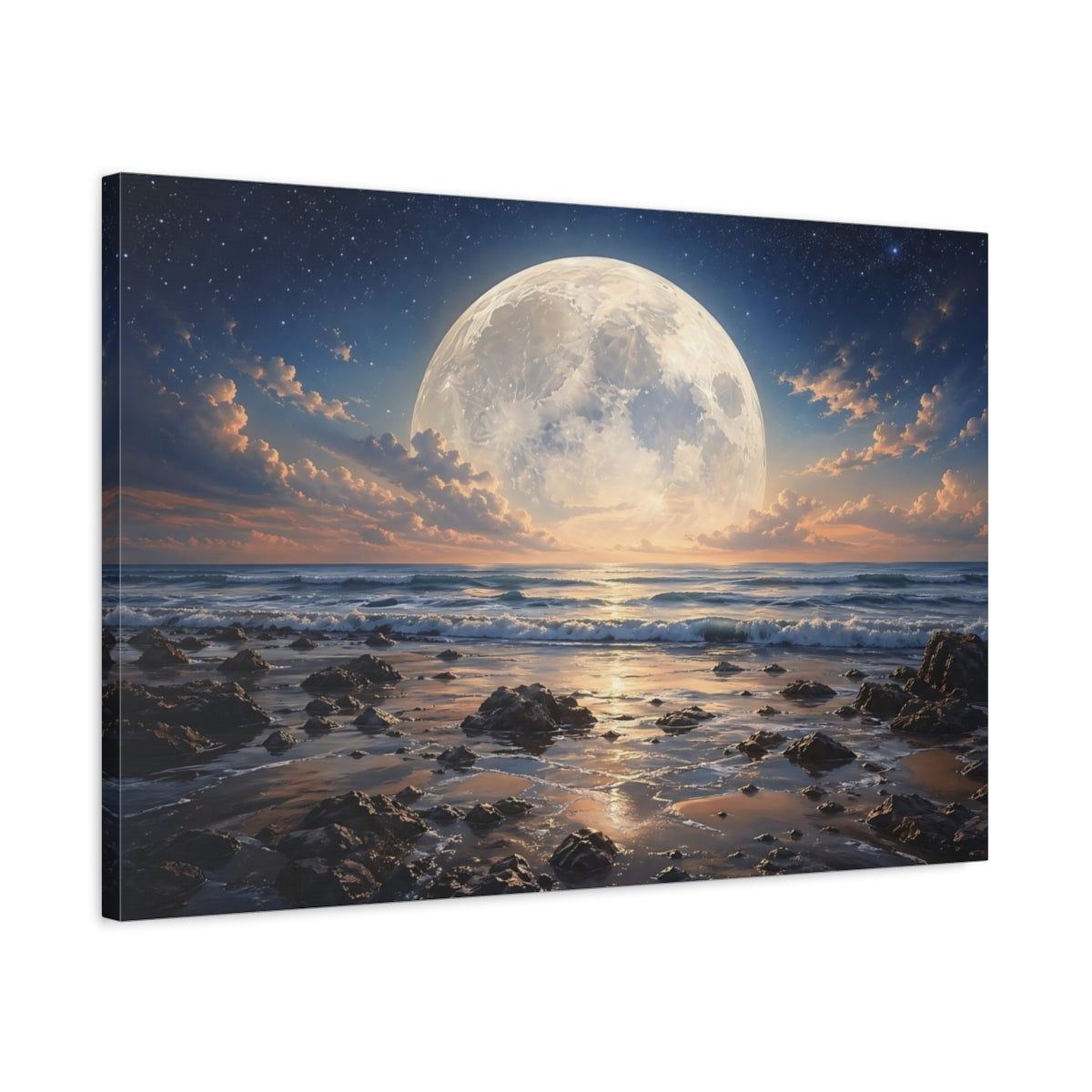 Side Mockup 2. Nature Full Moon Moonlight Ocean shown as stretched canvas wall art
