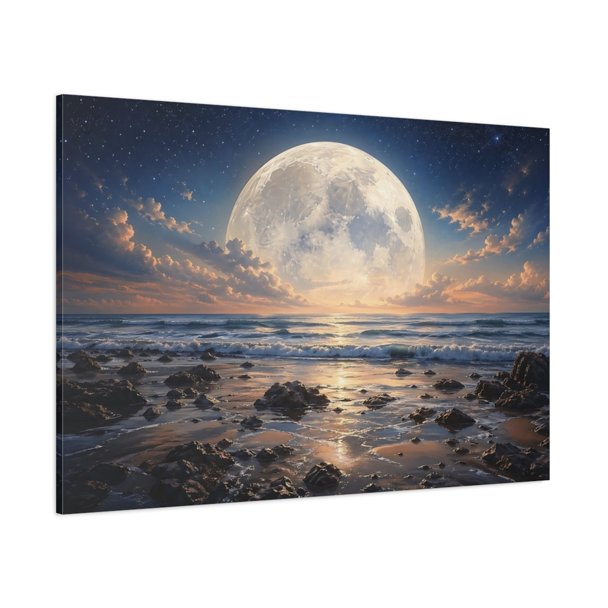 Side Mockup 1. Nature Full Moon Moonlight Ocean shown as stretched canvas wall art