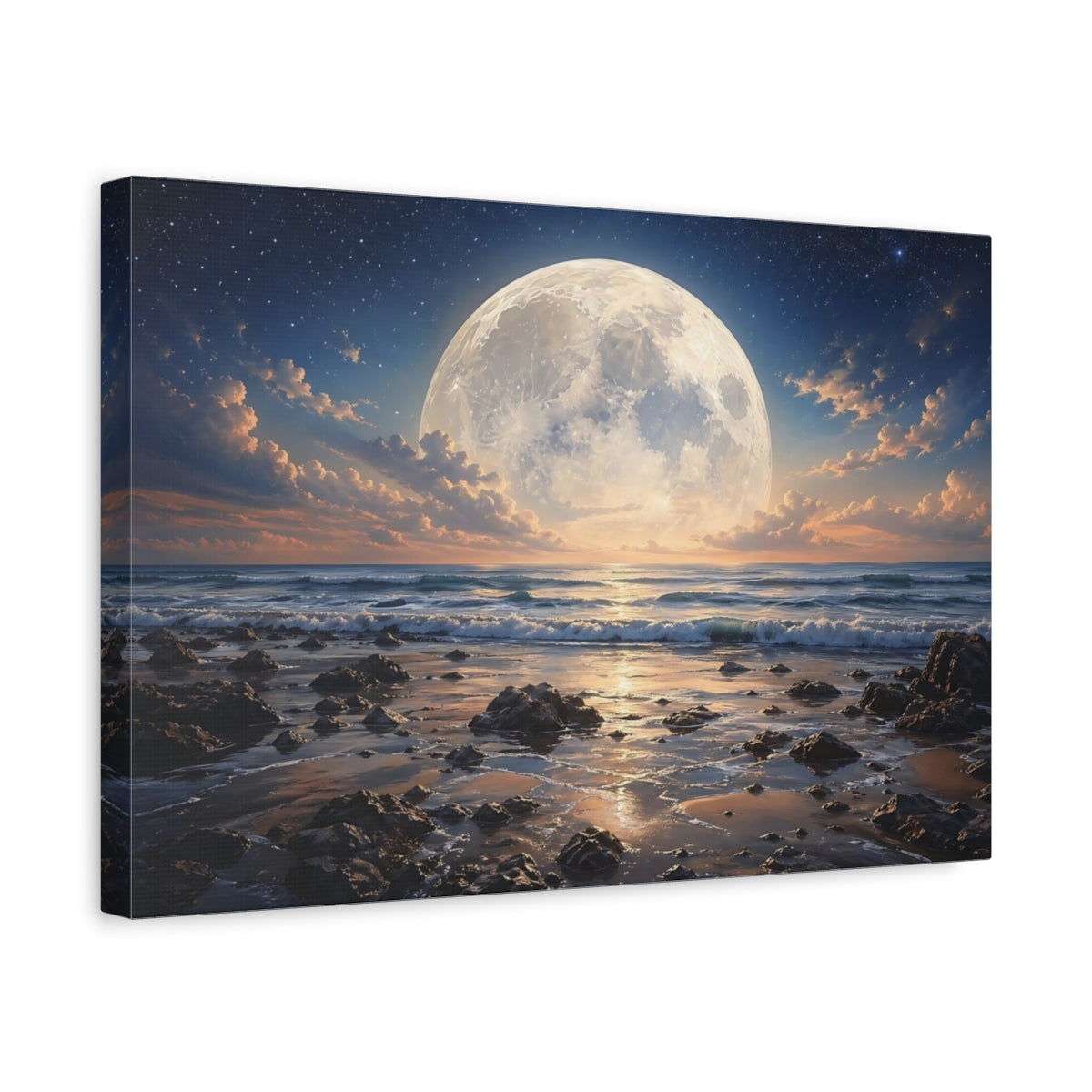 Side Mockup 4. Nature Full Moon Moonlight Ocean shown as stretched canvas wall art