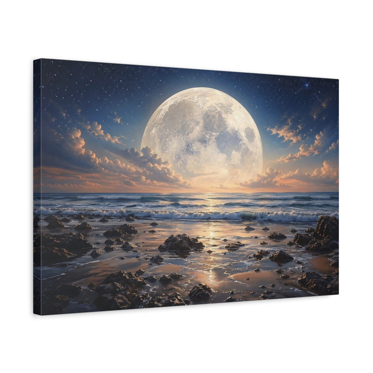 Side Mockup 3. Nature Full Moon Moonlight Ocean shown as stretched canvas wall art