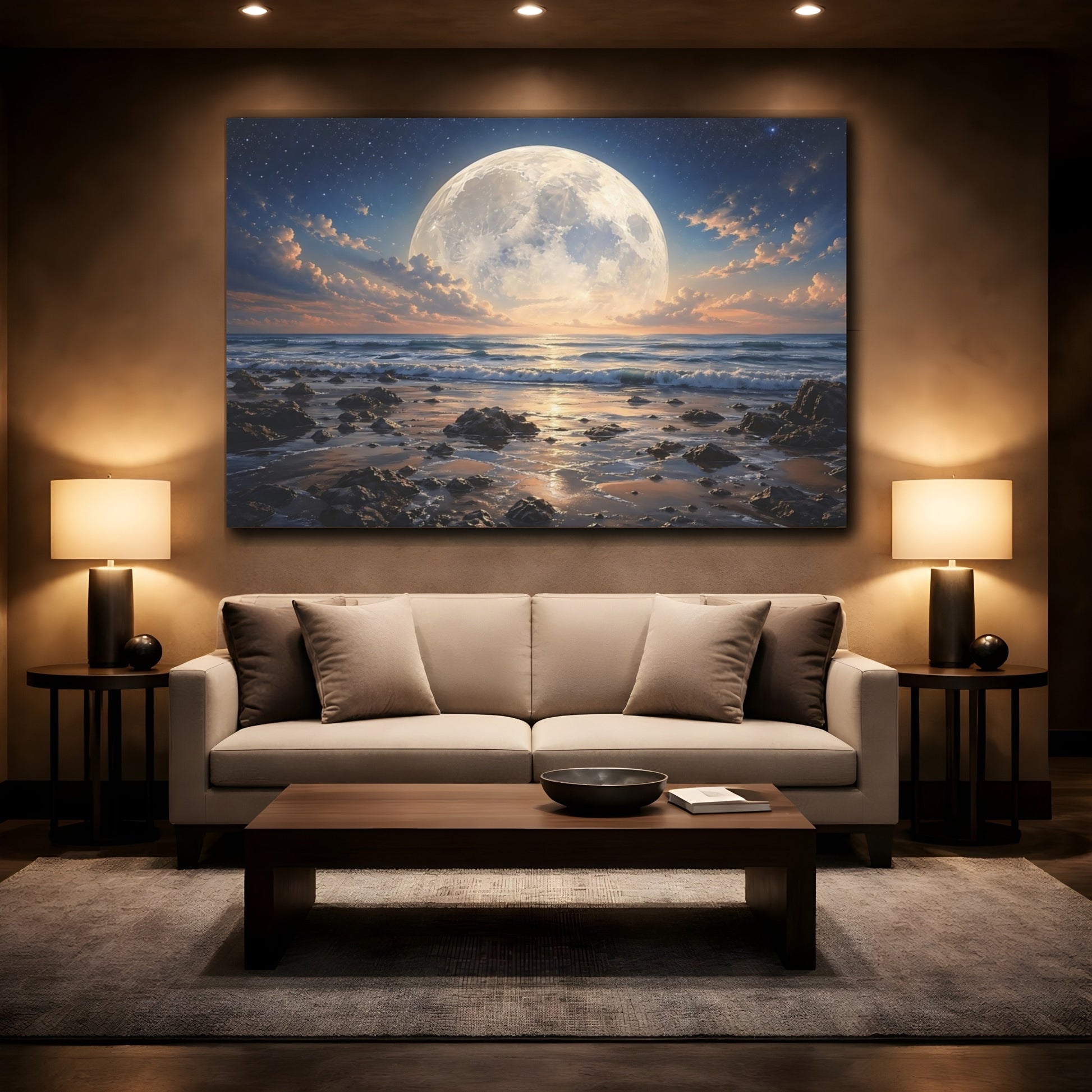 Mockup 2. Nature Full Moon Moonlight Ocean shown as stretched canvas wall art