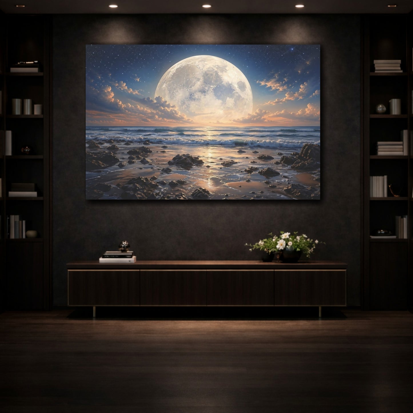 Mockup 3. Nature Full Moon Moonlight Ocean shown as stretched canvas wall art