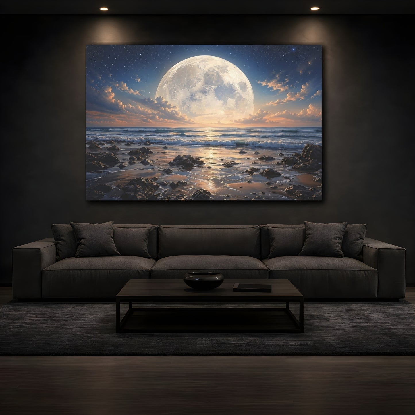 Mockup 4. Nature Full Moon Moonlight Ocean shown as stretched canvas wall art