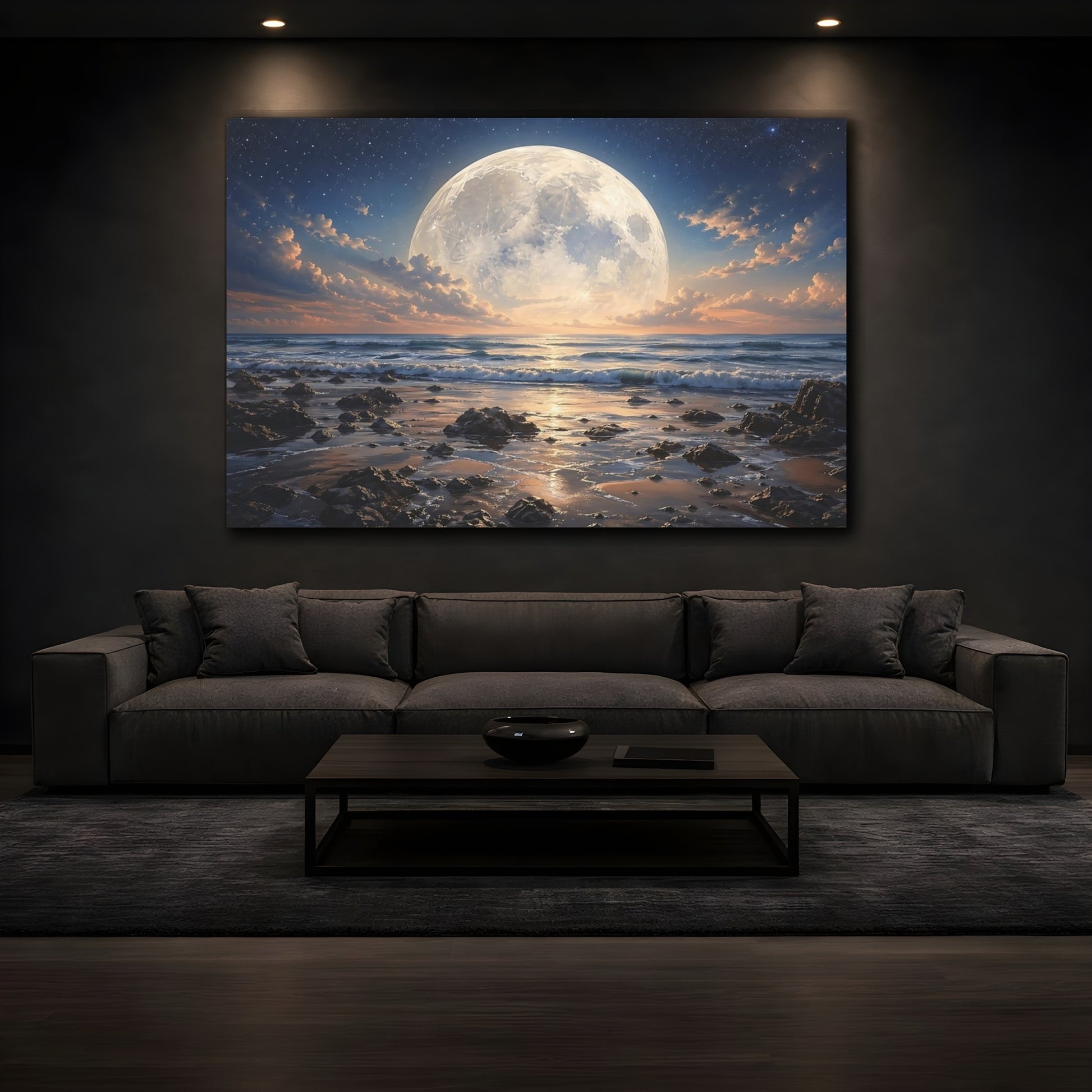 Mockup 4. Nature Full Moon Moonlight Ocean shown as stretched canvas wall art