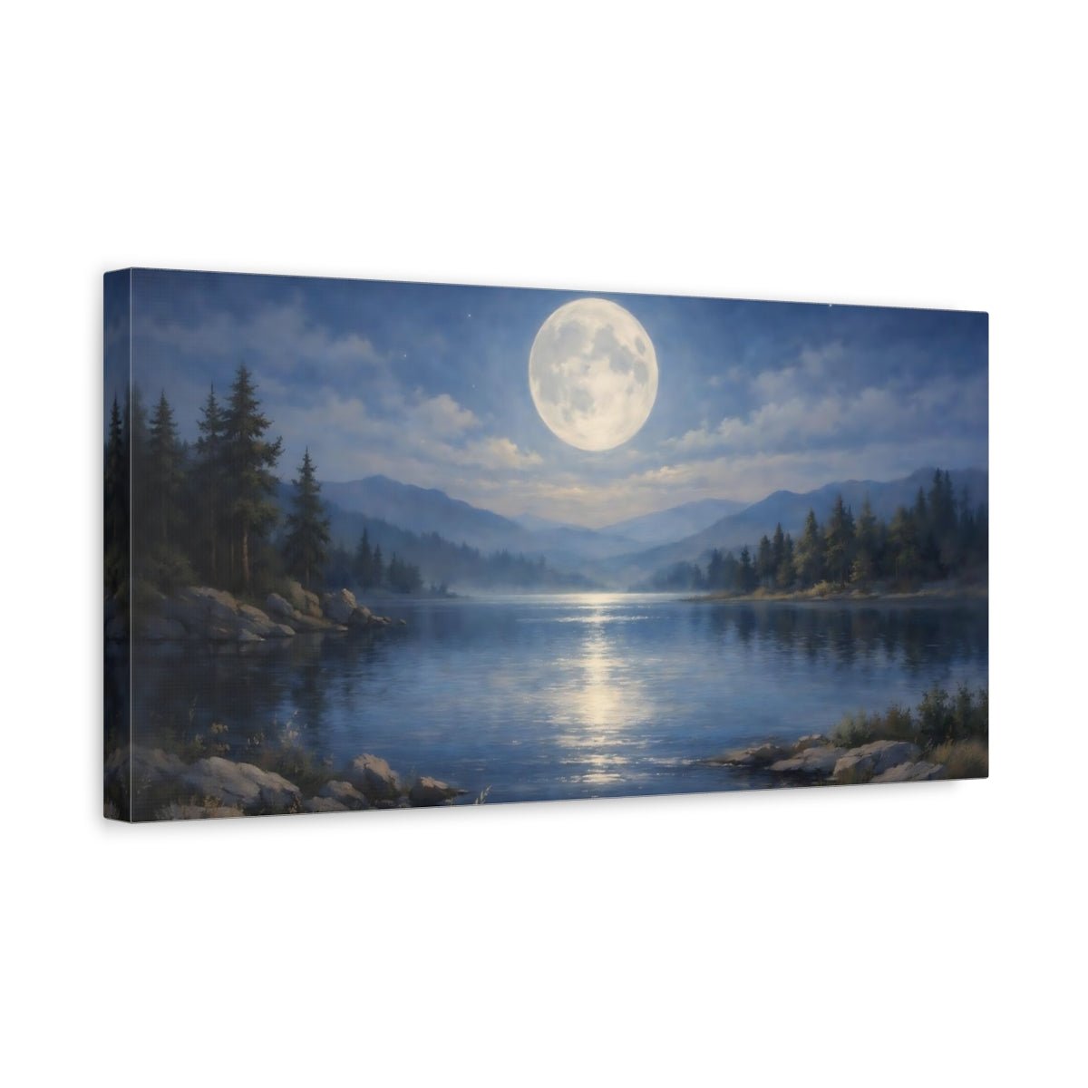 Nature Full Moon Moonlit Lake - Canvas Wall Art Print - YesArtYes