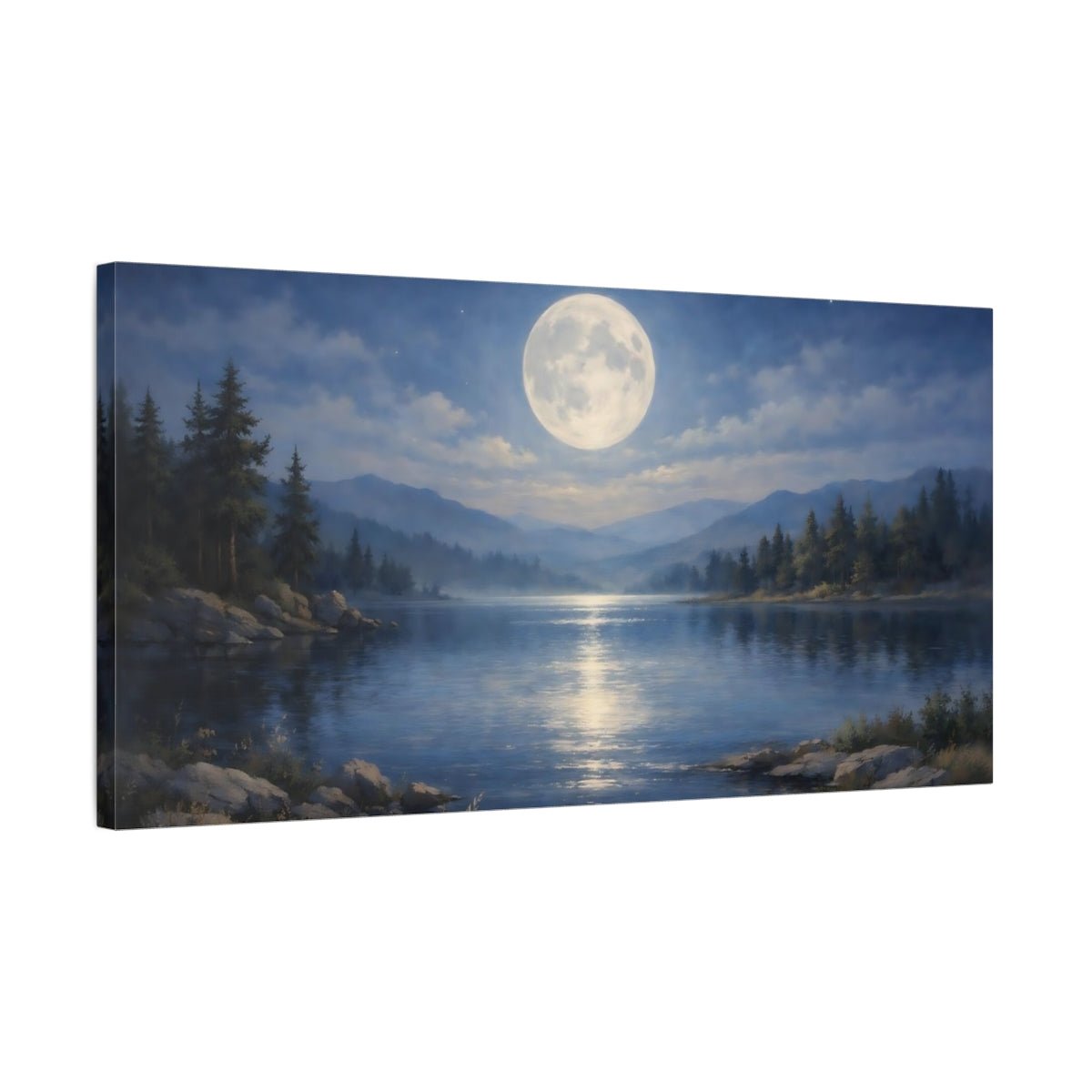 Nature Full Moon Moonlit Lake - Canvas Wall Art Print - YesArtYes