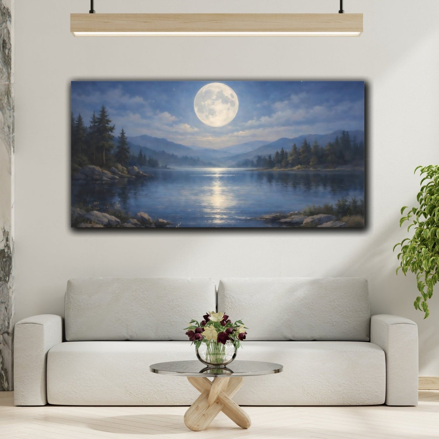 Nature Full Moon Moonlit Lake - Canvas Wall Art Print - YesArtYes