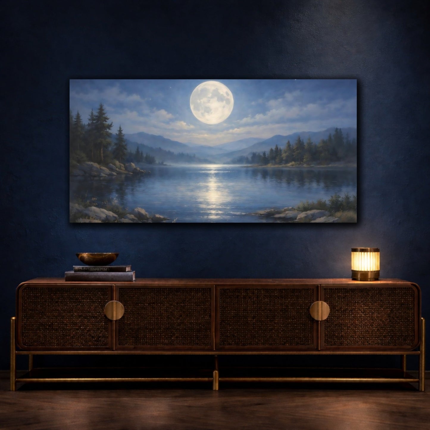 Nature Full Moon Moonlit Lake - Canvas Wall Art Print - YesArtYes