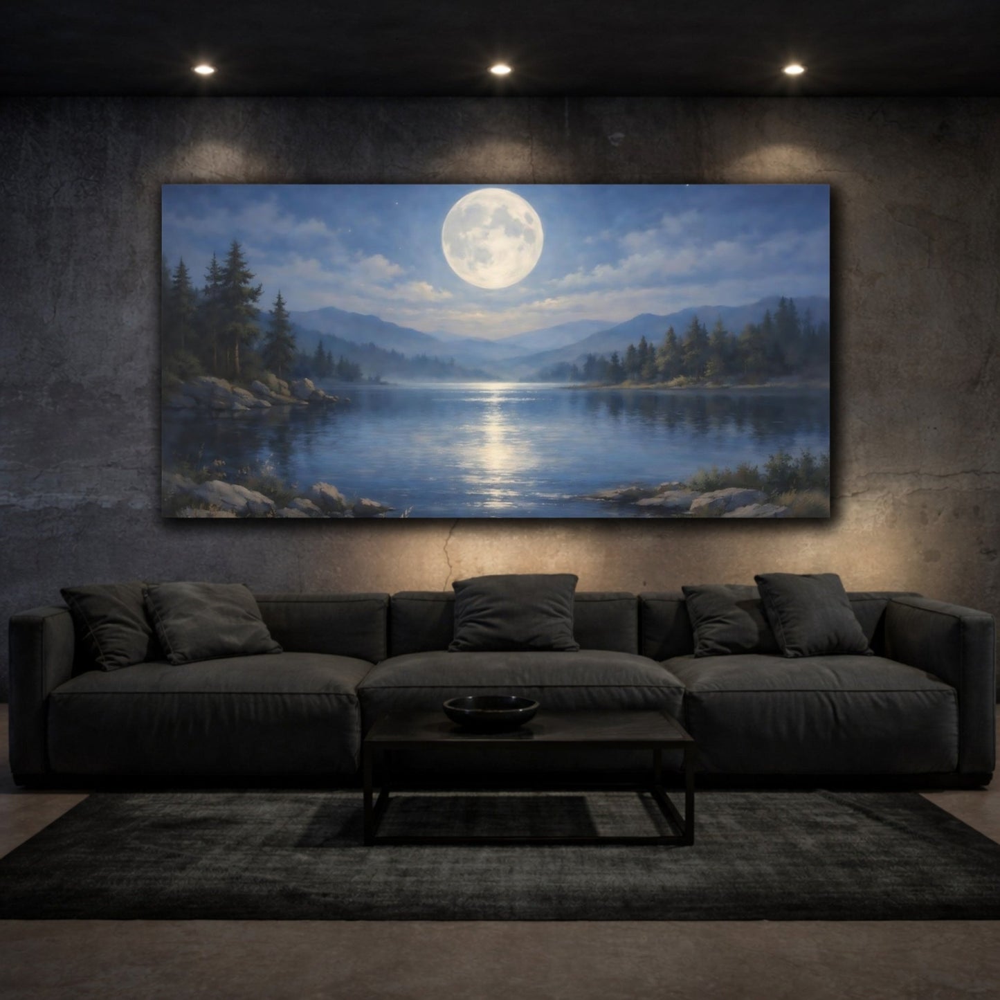 Nature Full Moon Moonlit Lake - Canvas Wall Art Print - YesArtYes