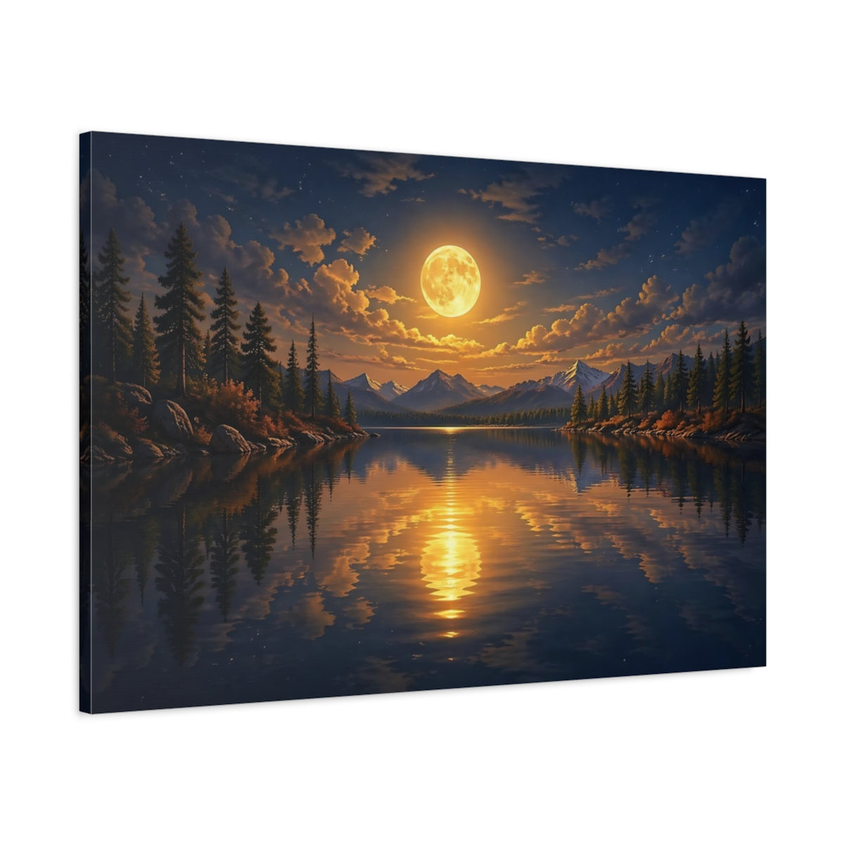 Main Mockup. Nature Full Moon Moonlit Lake Landscape shown as stretched canvas wall art