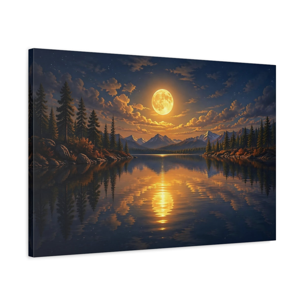 Side Mockup 2. Nature Full Moon Moonlit Lake Landscape shown as stretched canvas wall art