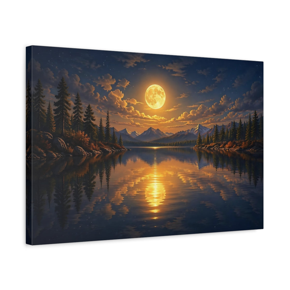 Side Mockup 3. Nature Full Moon Moonlit Lake Landscape shown as stretched canvas wall art