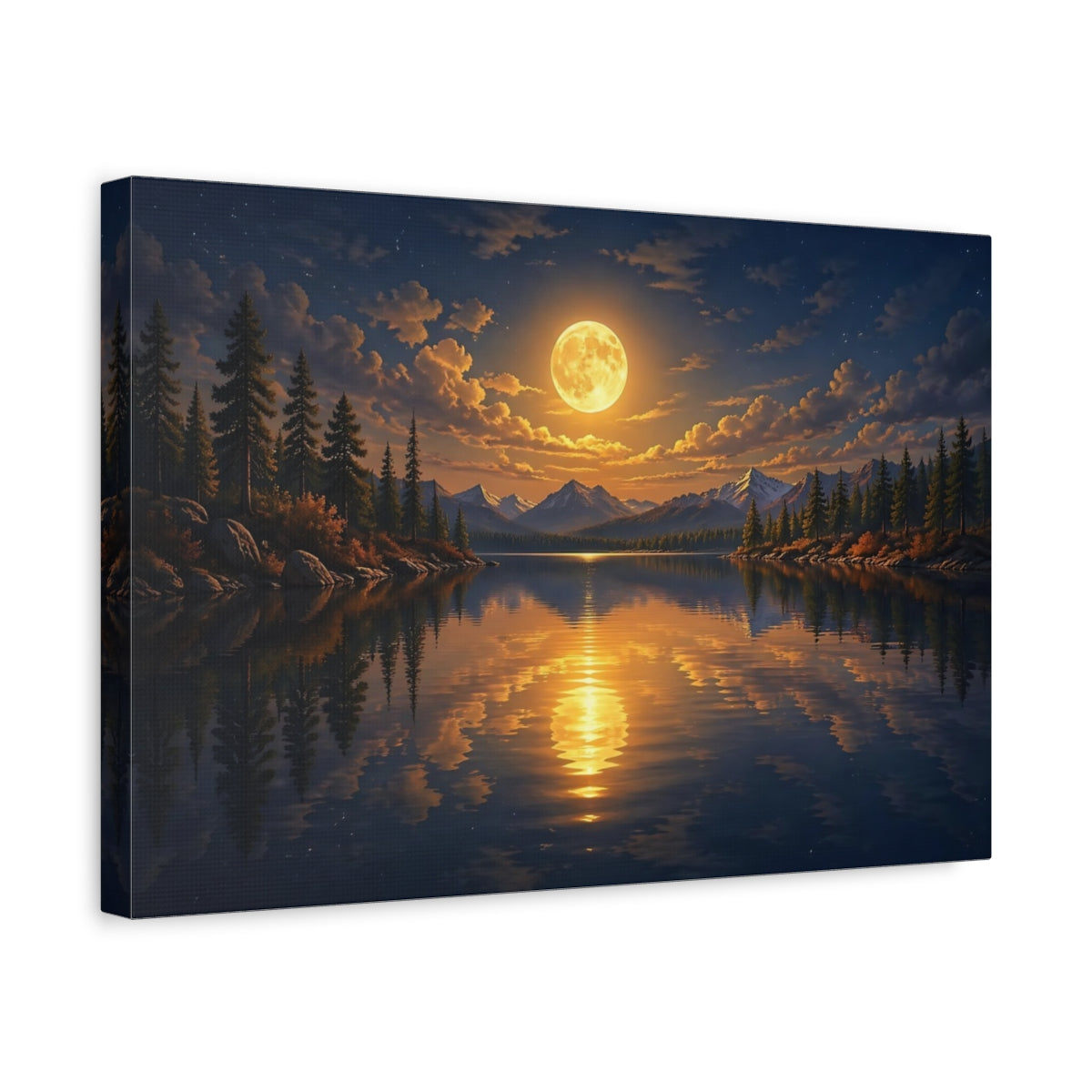 Side Mockup 4. Nature Full Moon Moonlit Lake Landscape shown as stretched canvas wall art