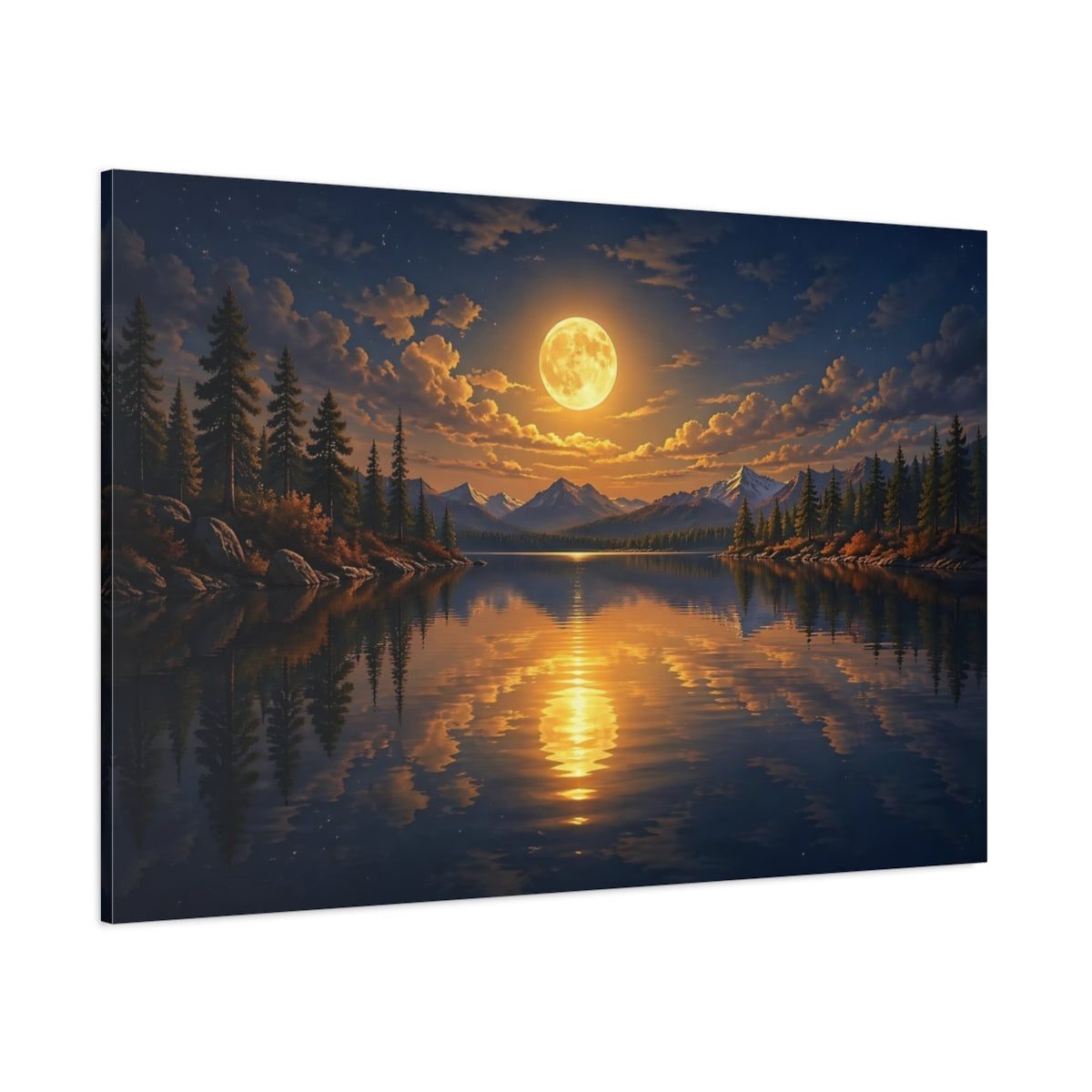 Side Mockup 1. Nature Full Moon Moonlit Lake Landscape shown as stretched canvas wall art