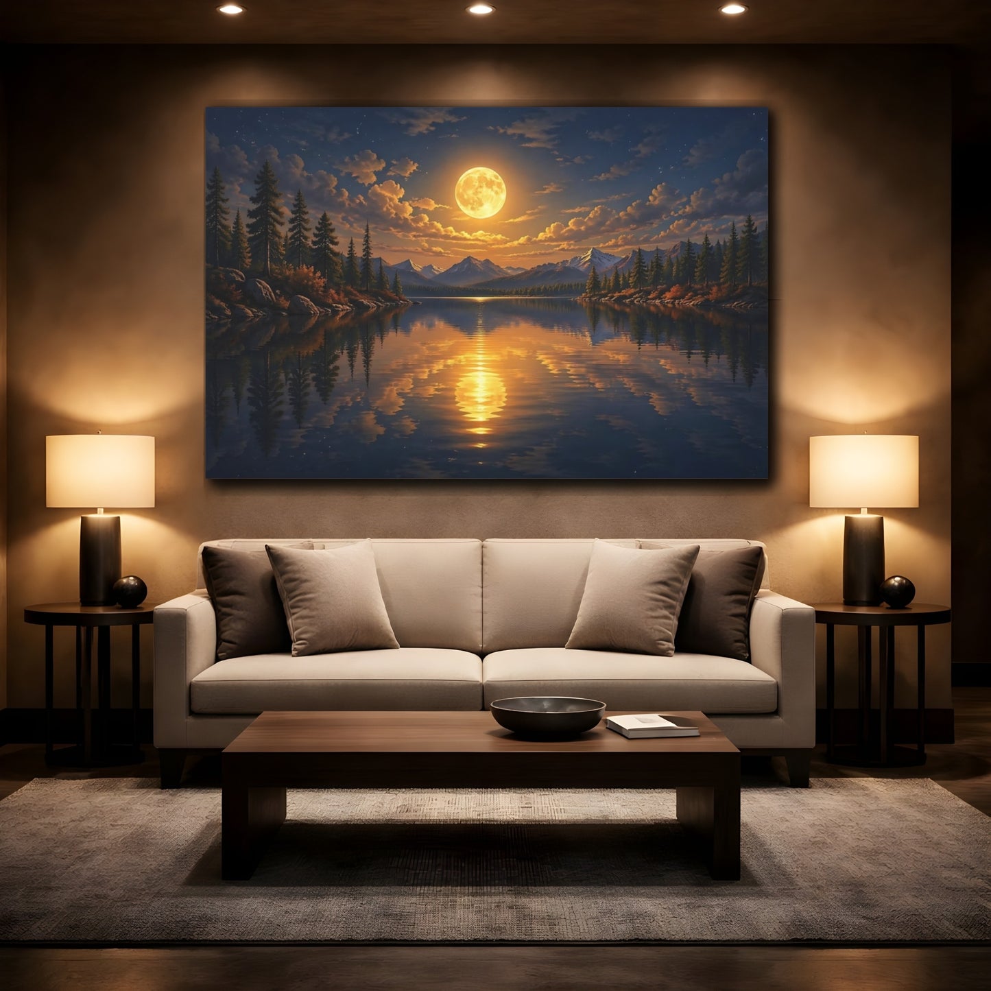 Mockup 2. Nature Full Moon Moonlit Lake Landscape shown as stretched canvas wall art