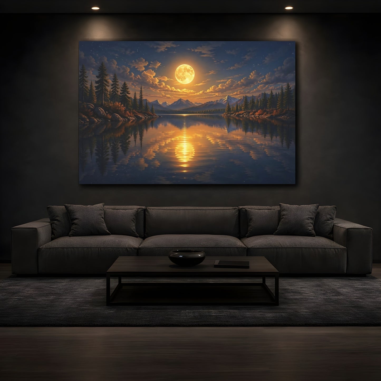 Mockup 3. Nature Full Moon Moonlit Lake Landscape shown as stretched canvas wall art