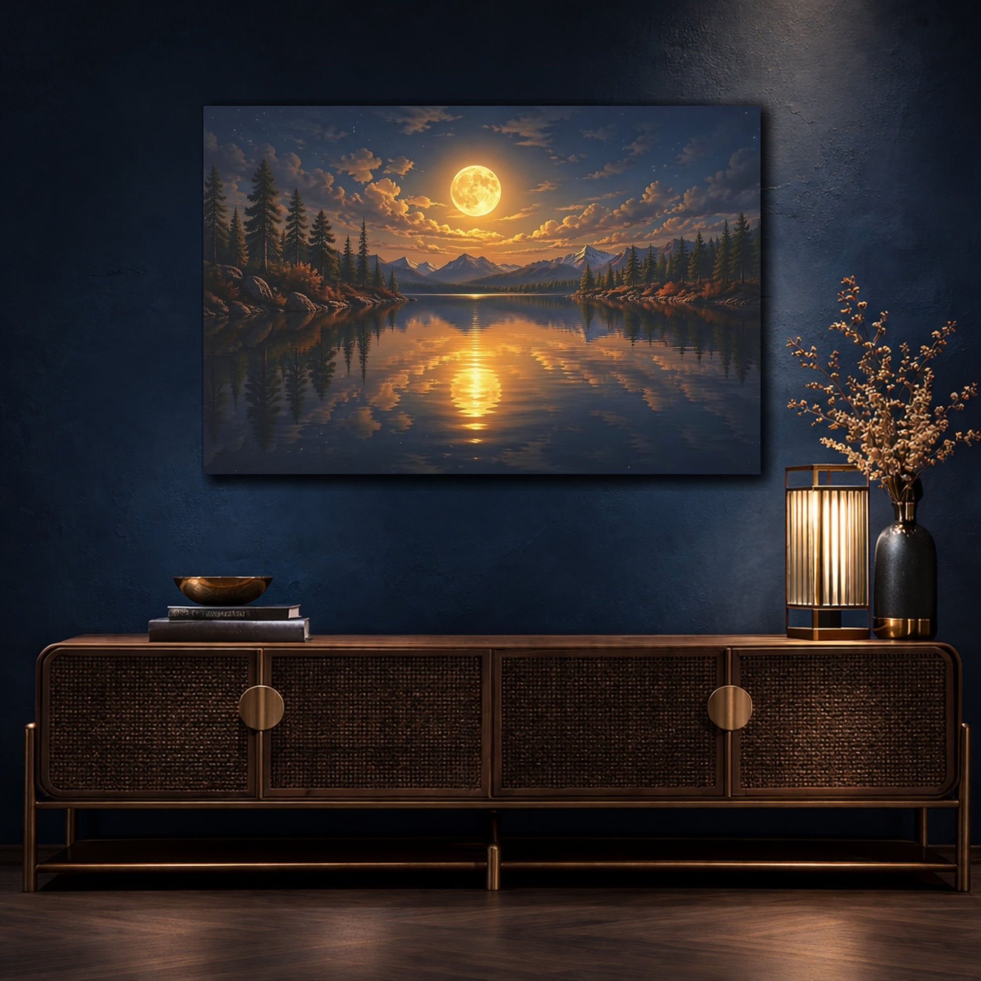 Mockup 4. Nature Full Moon Moonlit Lake Landscape shown as stretched canvas wall art