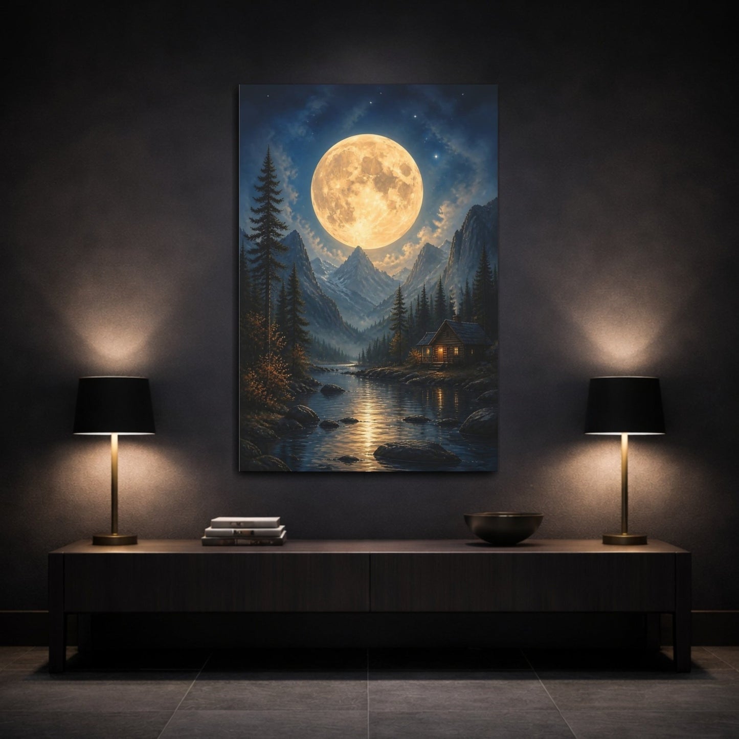 Nature Full Moon Moonlit Landscape Canvas Wall Art Print – realistic Living Room, Above Console Table - YesArtYes
