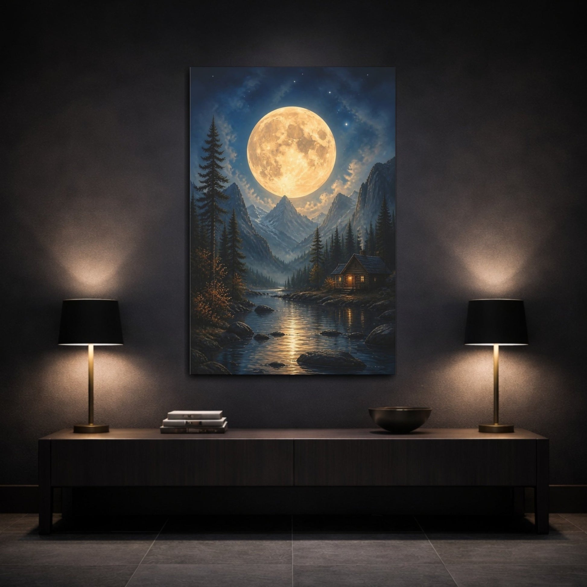 Nature Full Moon Moonlit Landscape Canvas Wall Art Print – realistic Living Room, Above Console Table - YesArtYes